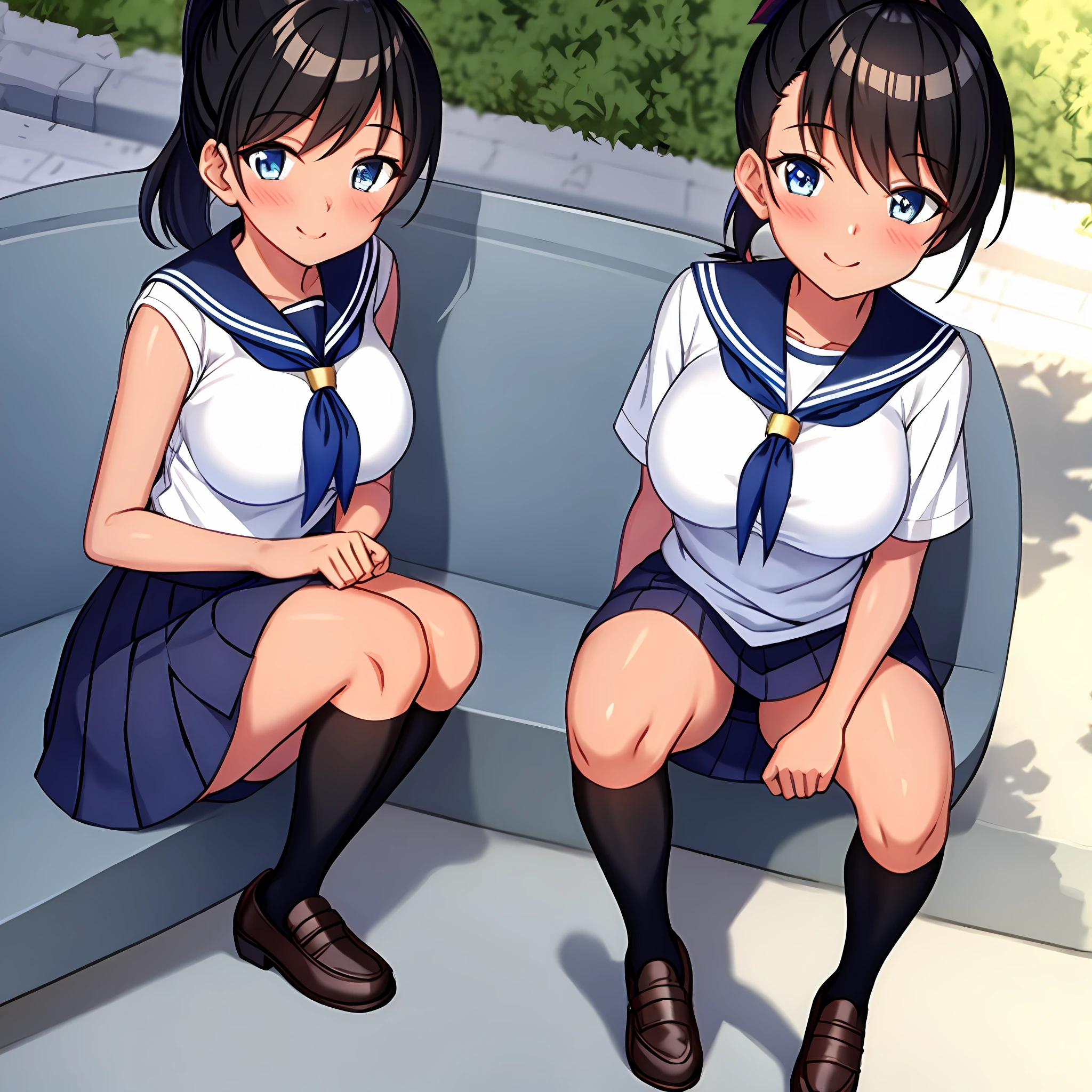 ((masterpeice, best quality)) perfect face, cinematic lighting, 1girl, solo, (tanned skin:1.2), (streets with tall buildings:0.7), (short hair, ponytail), (blond hair, green eyes:0.7), sailor uniform, holding shoulder bag, (running shoes:0.7), big breast, sitting on a bench alone, perfect face, beautiful face, beautiful eyes, (rib, slim body:1.3) (black stockings:!1.2), looking at viewer, blush, wearing blue skirt, (cute smile)