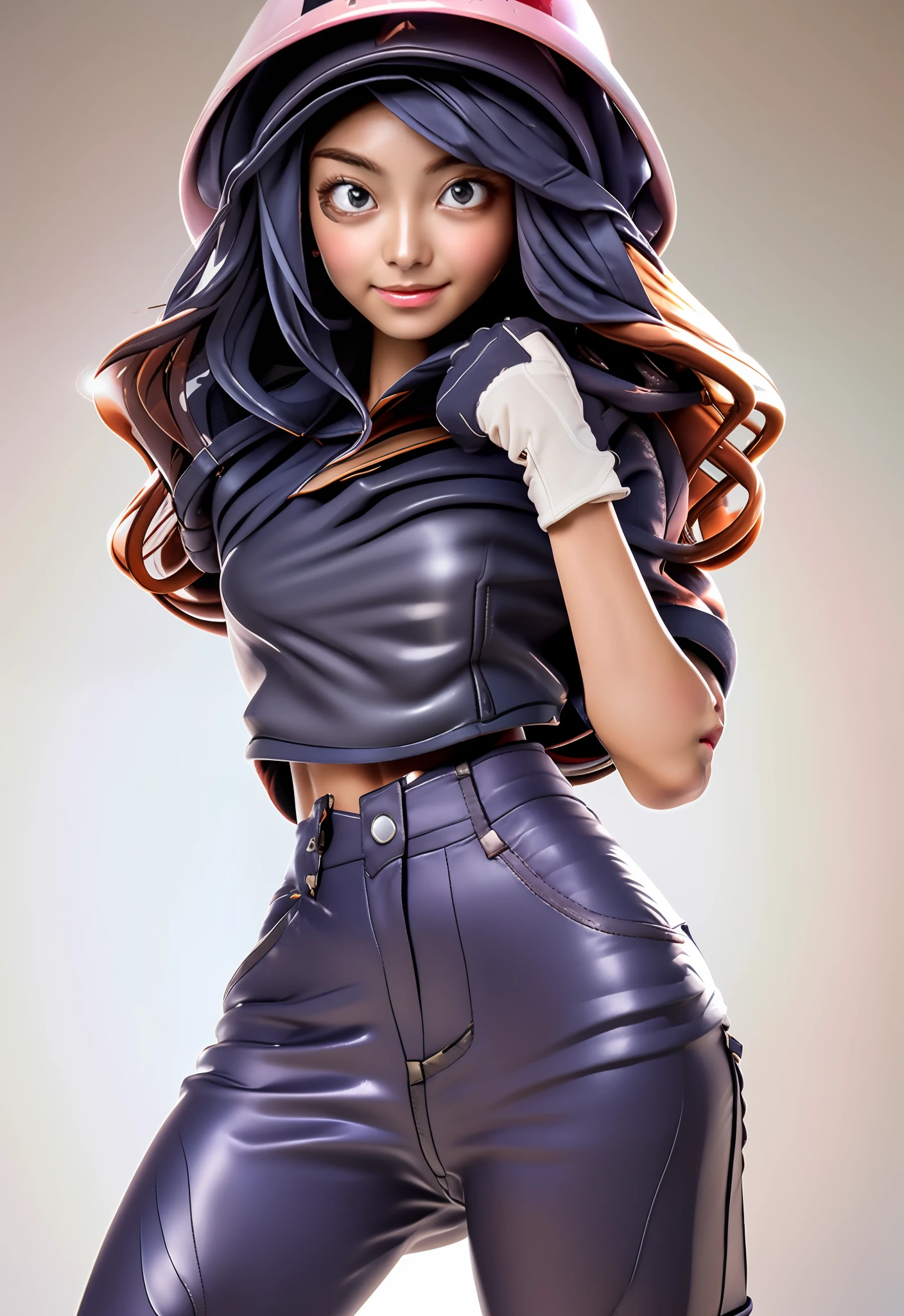 (Photorealistic: 1.4), welder, sweat, thin white tank top, (close-up), helmet, work pants, gloves, blush, perfect abs, muscles, arms behind the head, revealing clothes, small area clothes, (body oiled), high definition, detailed ((sexy)), (bewitching eyes)), (),(perfect eyes),(clean eyes)