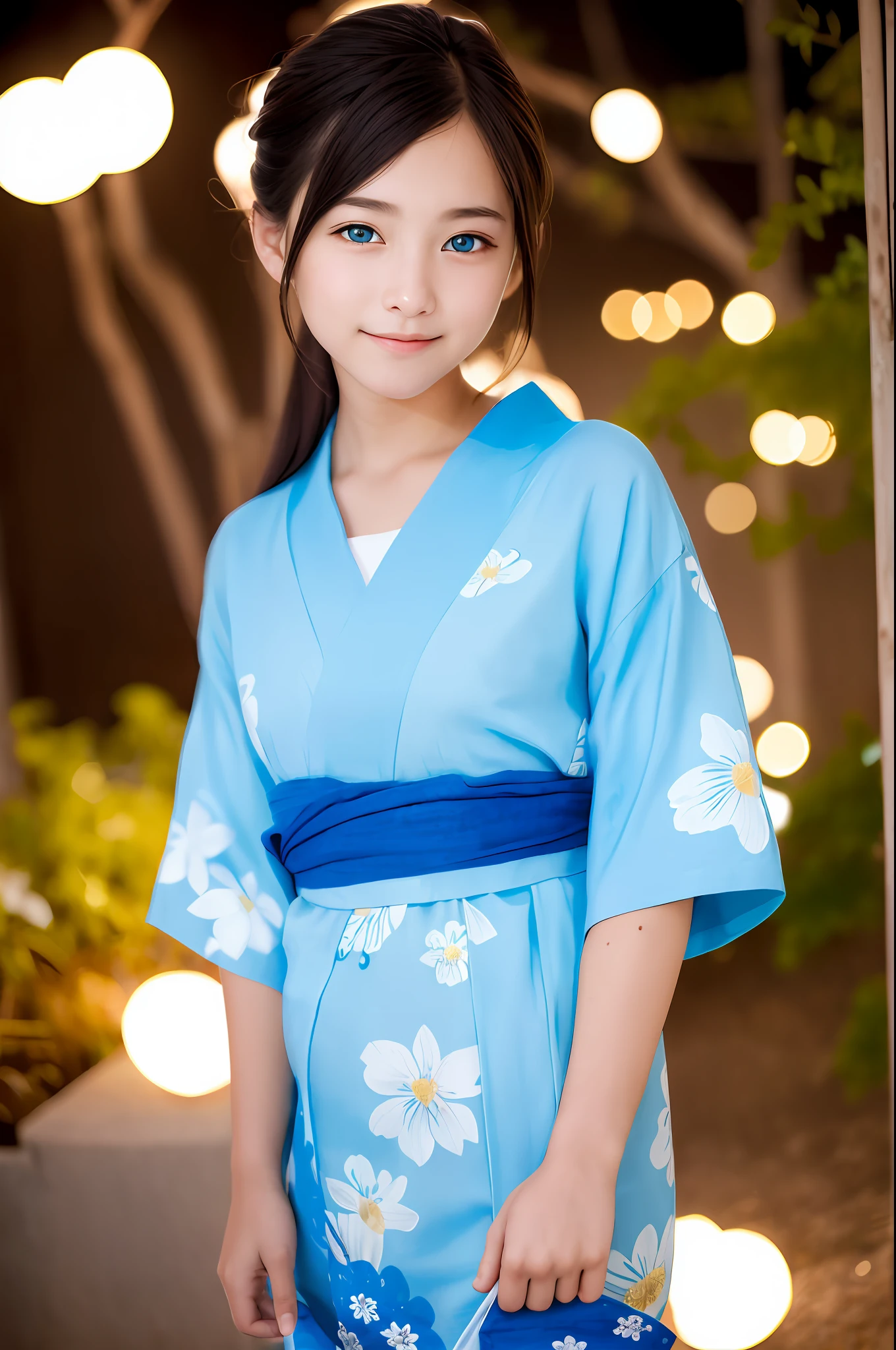 ((masterpiece, top quality, super definition, high definition)), solo, beautiful girl, shining eyes, perfect eyes, 16 years old, blue theme, yukata, fireworks