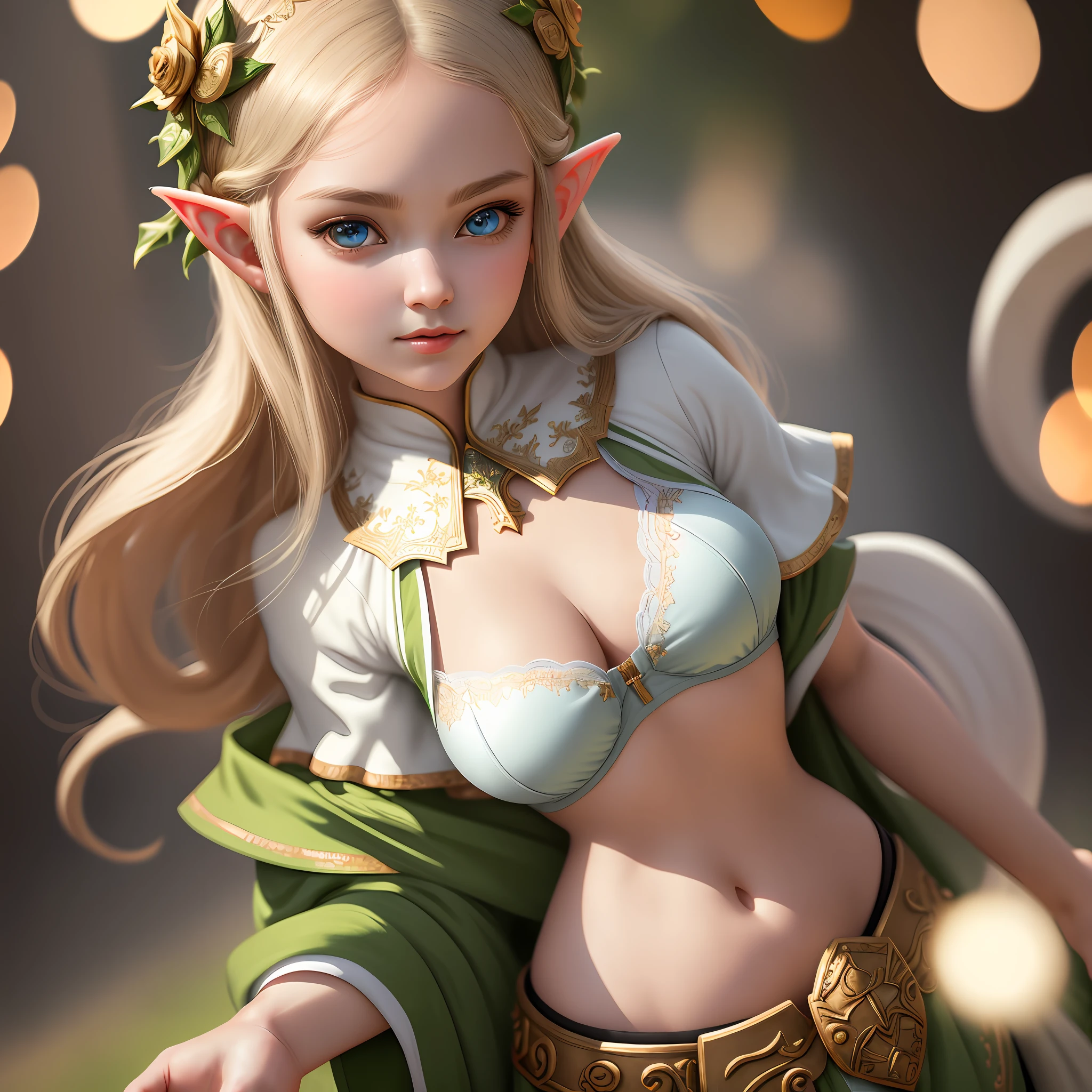 best quality, masterpiece, detailed face, 1 girl, solo, white background, elf, best quality, absurdres:1.2,bokeh:1.2, Photography, elf, blouse, (((g cup))), navel
