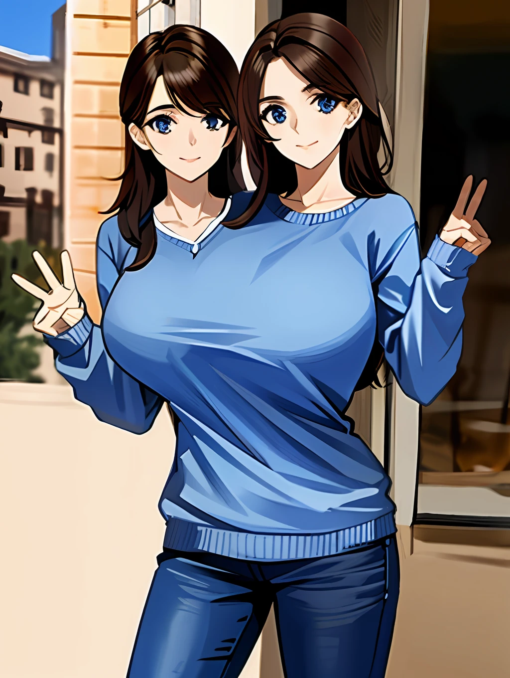 3heads, tribreasts, solo, close up, posing, long brown hair, blue sweater, outside,