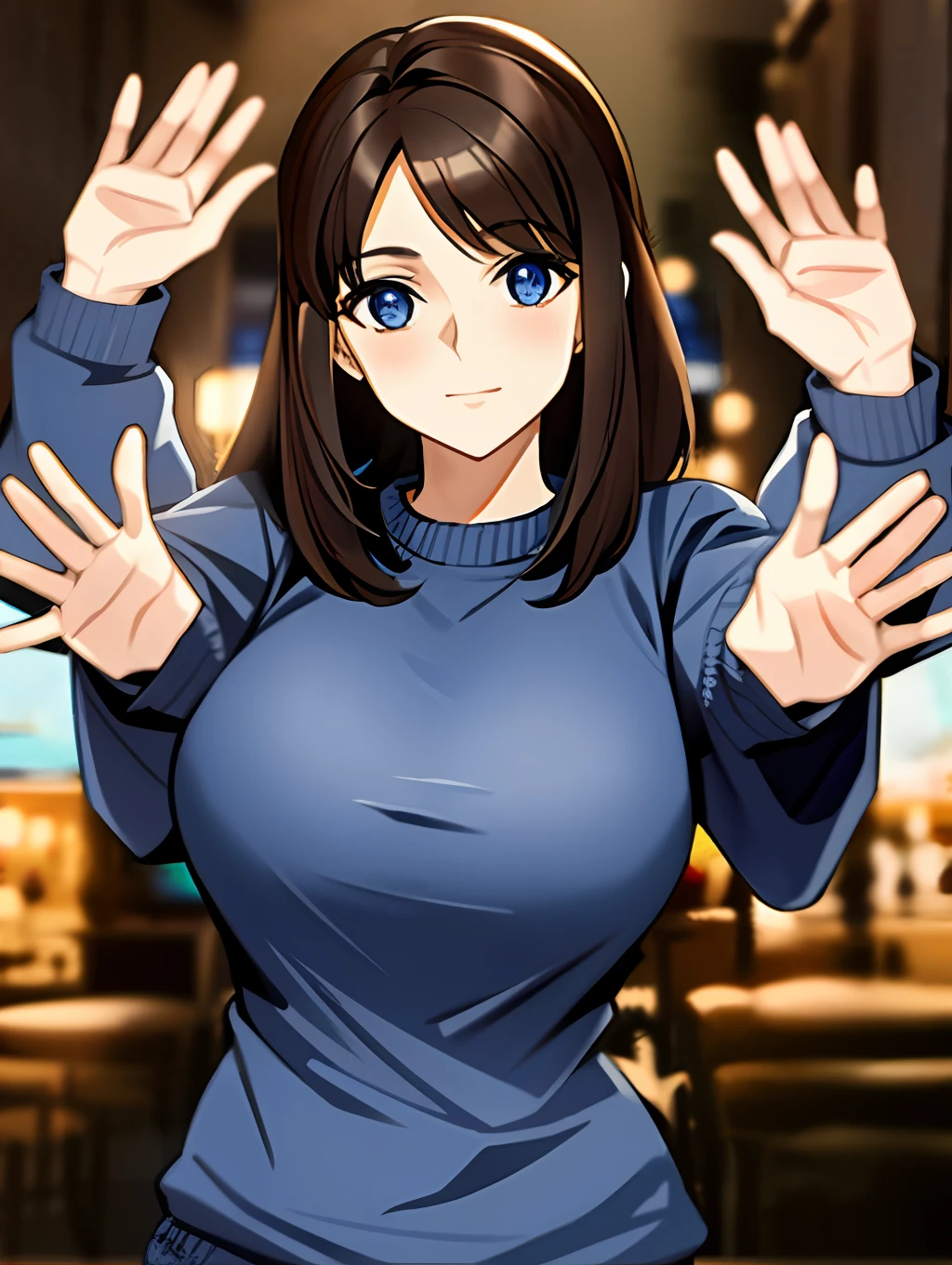 3heads, tribreasts, solo, close up, posing, long brown hair, blue sweater, outside,