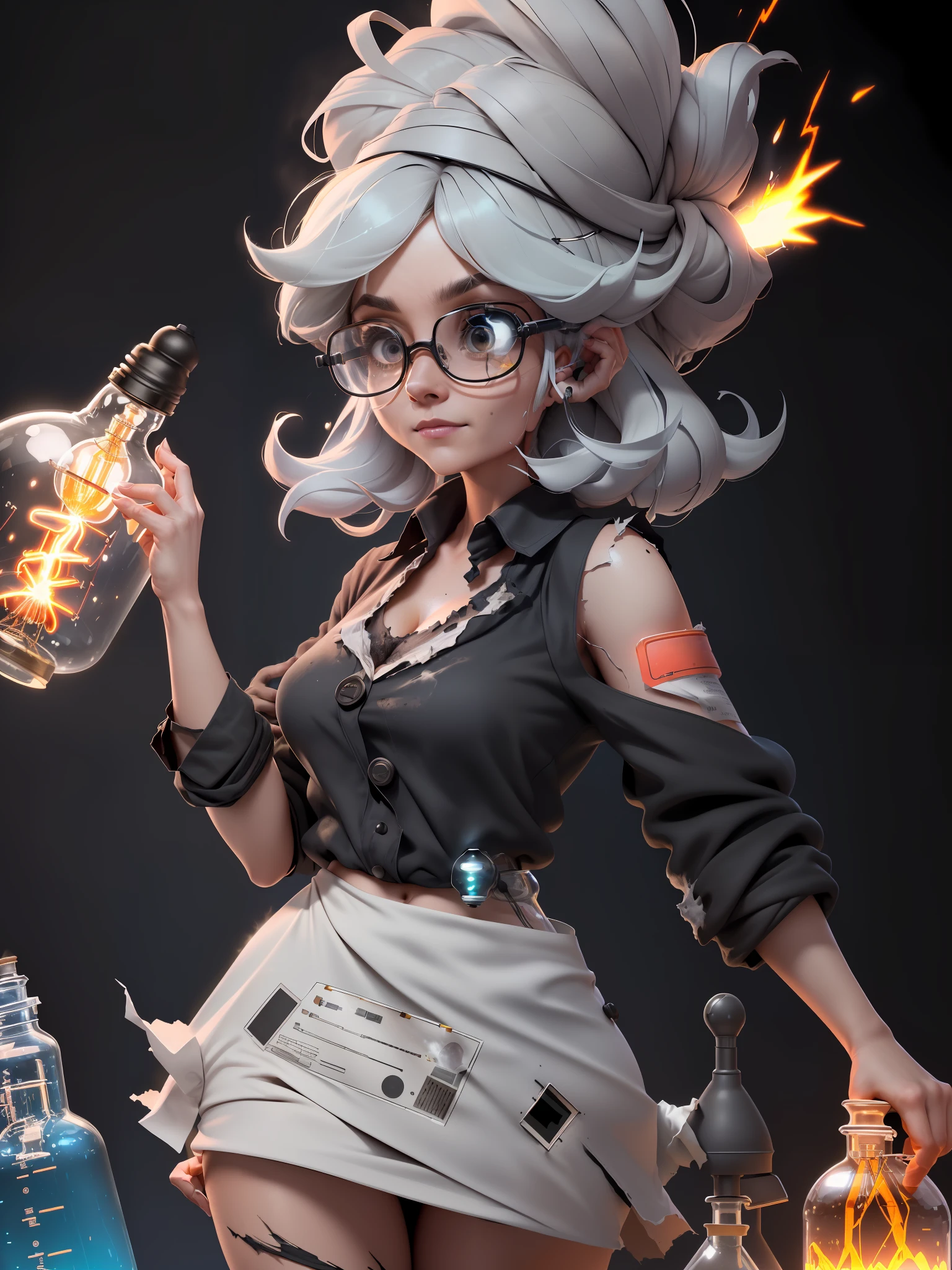 Great Lightbulb (Masterpiece: 1.5), (Best Quality: 1.5), High Definition, High Detail, 3DMM, One Woman, Solo, ((Cracked Glasses))((black soot )) (exploded hair,beard , ((exploding clothes,torn clothes,ripped cloths)) (( lab gown Top Ash Bangs)), ((A Lamp Shocks the Woman )) In the lab she carries me to (((an electrified big Lightbulb))), it explodes, hair standing with ash on it , cute, glowing and electric lamps, ((ashes explosion on the face)), ((indoor,lab,black smoke,smoke,fire,beaker,flask,science equipment,explosion,fire))