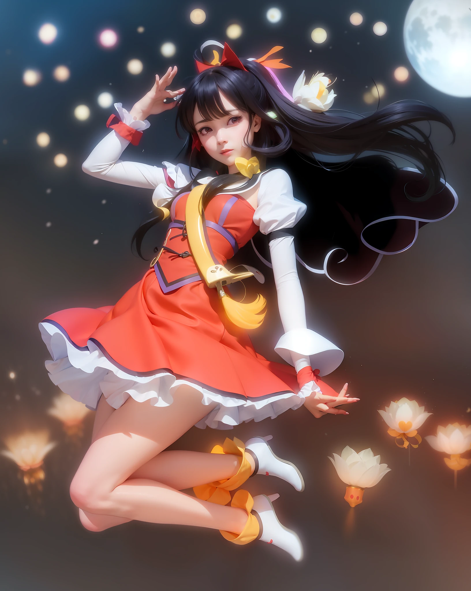 Anime girl in a red dress jumping in the air, artistic representation of Reimu Hakurei, Rei Hino as princess, Reimu Hakurei, Ahri, Rin Tohsaka, Marin Kitagawa fanart, fanart, anime goddess, Maya Fey from Ace Att expansive landscape photography, (a view from below showing the sky above and the open field below), a girl standing in a field of flowers looking up, (full moon: 1.2), (shooting stars: 0.9), (nebula: 1.3), distant mountain, tree BREAK production art, (warm light source: 1.2), (Firefly: 1.2), lamp, lots of purple and orange, intricate details, BREAK volumetric lighting (masterpiece: 1.2), (best quality), 4k, ultra-detailed, (dynamic composition: 1.4), very detailed and colorful details, (iridescent colors: 1.2), (bright lighting, atmospheric lighting), dreamy, magical, (only: 1.2)orney, Black-haired Mage, inspired by Li Mei-shu, digital anime art!!