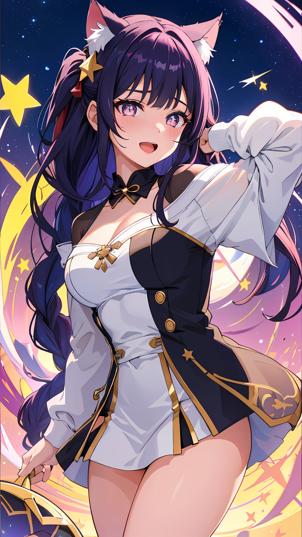 (masterpiece, best quality), ((1girl, (mature female) long hair), (star-shaped pupils, +_+, symbol-shaped pupils, sparkling eyes), (cat ears, open open mouth)), (looking at viewer, light smile, off shoulder), (abstract, multicolored background, abstract background, chromatic aberration), Chinese dress, side tighs, beautiful legs, pee, peeing herself, wet thighs, embarrassed, aroused, leaking pee, leaking underwear