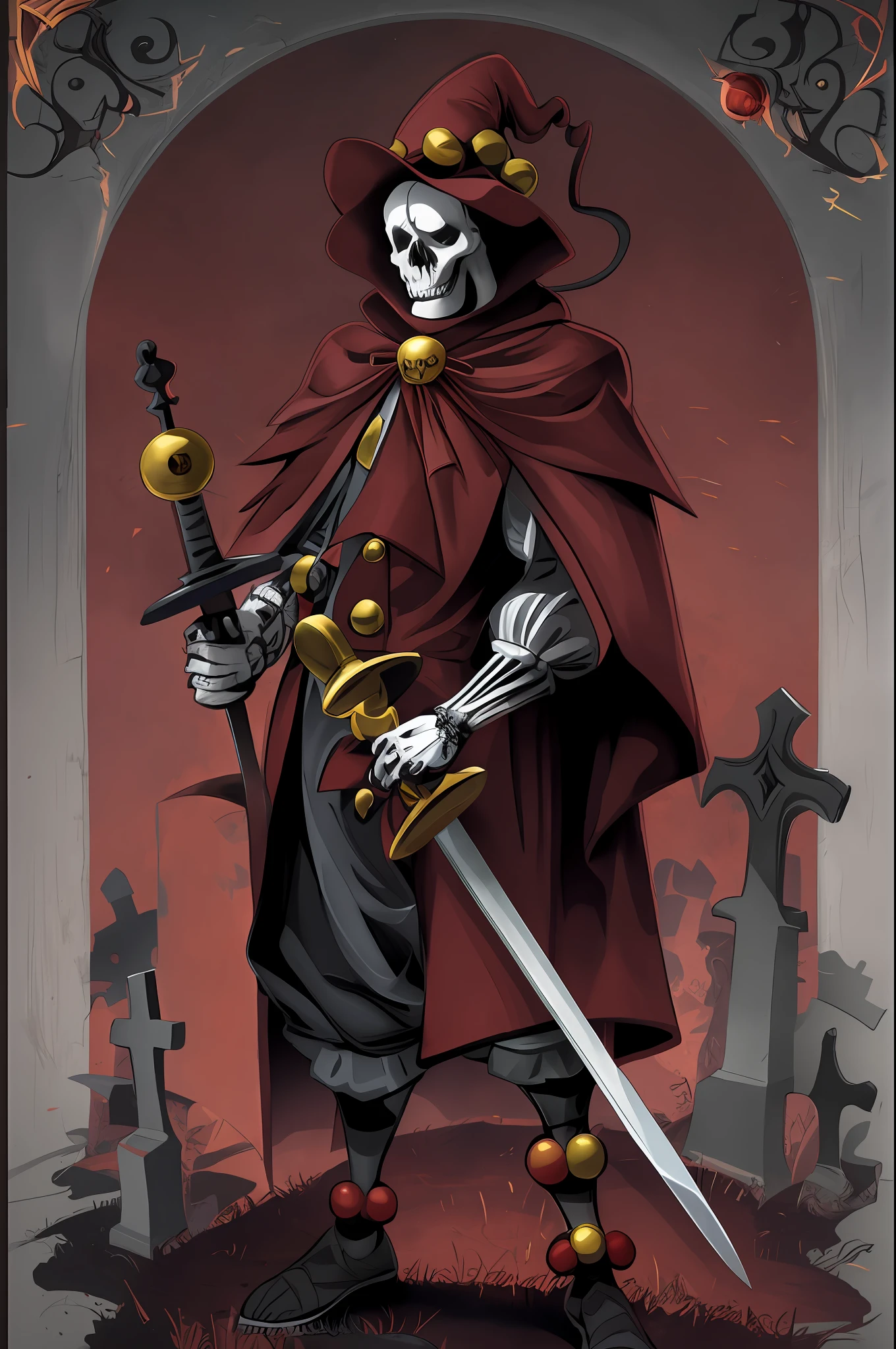 Cartoon illustration of a skeleton dressed in a clown costume, a jester, wearing a cap with bells, holding a sword, a handsome male god of death, a king of death, a portrait of a god of death, a lich, a harbinger of death, a reaper, an evil death, a king of time reaper, full color digital illustration, god of death, god of death, dress Ainz Oal