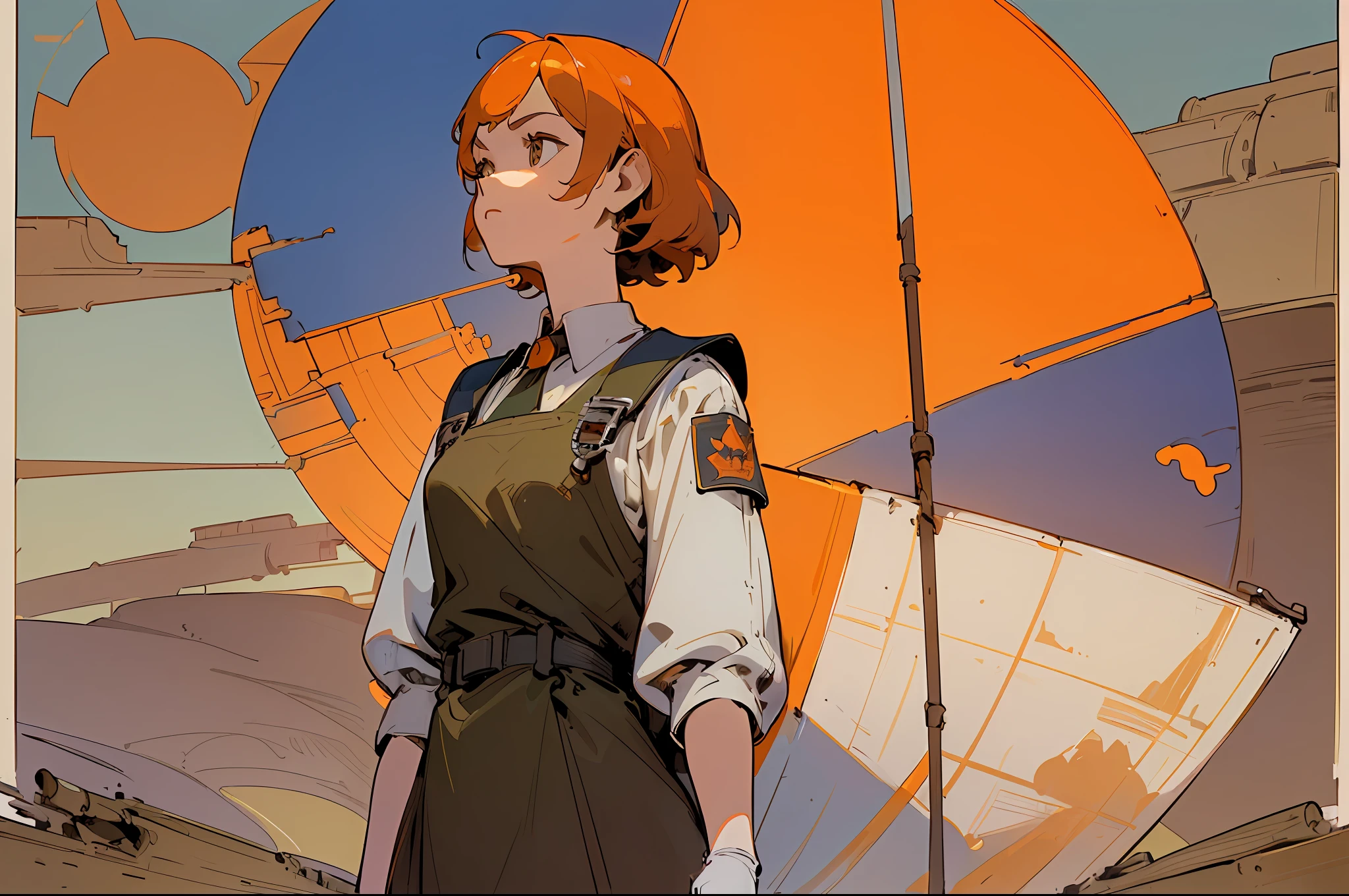 (masterpiece), (best quality), (best detail), (distant general point of view), (postage stamp),(main color of illustration: pastel orange), (secondary color: lapis lazuli), a military ager with defiant posture, very detailed face, vintage advertising poster with Soviet-style letters 60', futuristic western scenery, day (radiant sun), shading (detailed, much contrast), very saturated pulp colors