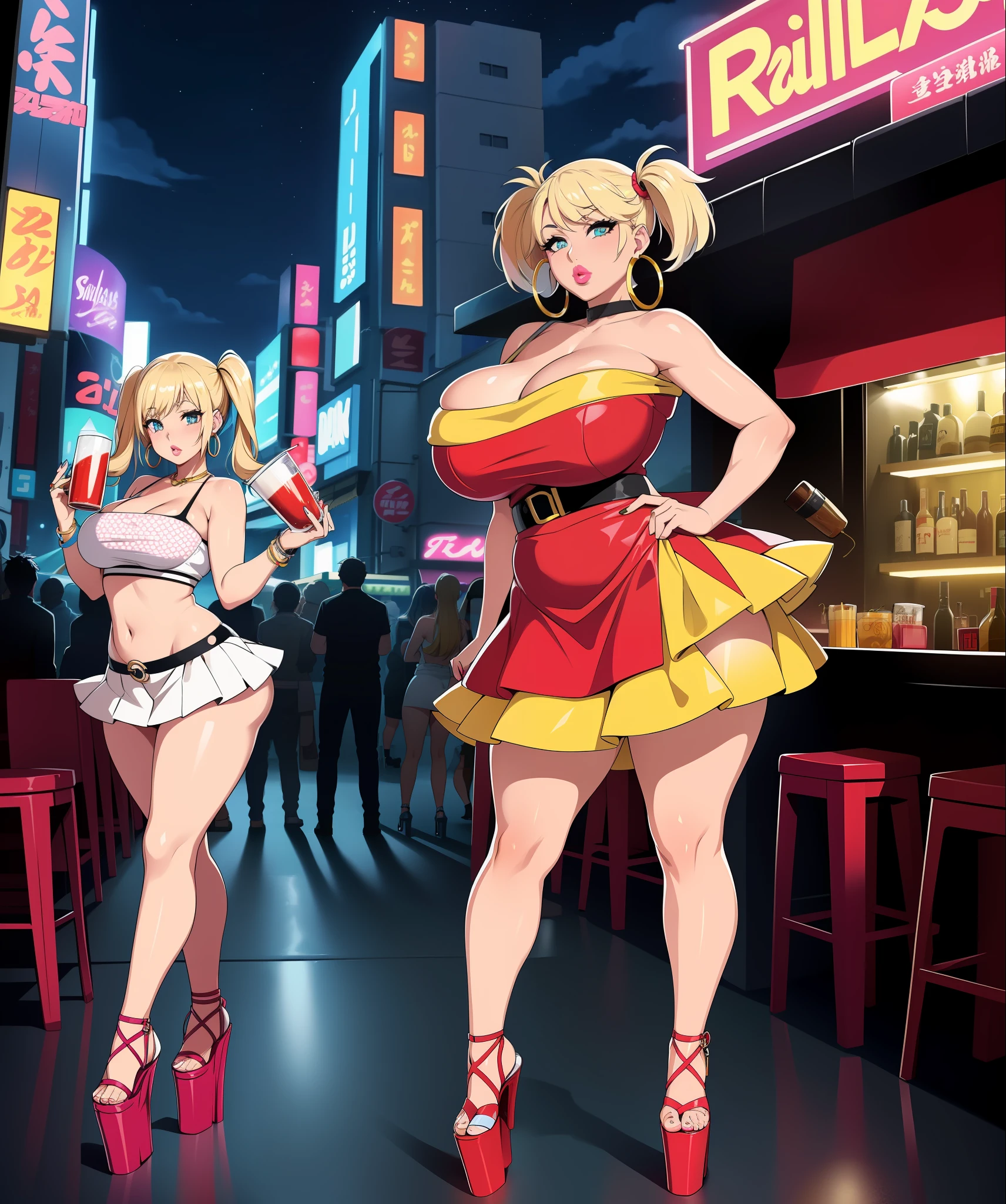 , full body
1girl, (((bimbo))),(hoop earrings, puffy lips, painted lips, thick lips.:1.2) ((platform heels))
blonde hair, (short twintails,:1.2) (wide hips:1.2), thick thighs, bursting breasts, huge ass
(full skirt),navel, tube top, o-ring top,
Nightlife, Night city, Cyberpunk city, futuristic cityscape. Neon lights, (skyscraper:1.1), Tokyo tower, palm tree, cloth sign, ramen stall, night club. bright city lights, exotic car. alcohol, bar, ramen, soup stall ,alcohol bottles, ((crowded background)), ((Paparazzi)), detailed sky, cloudy sky
