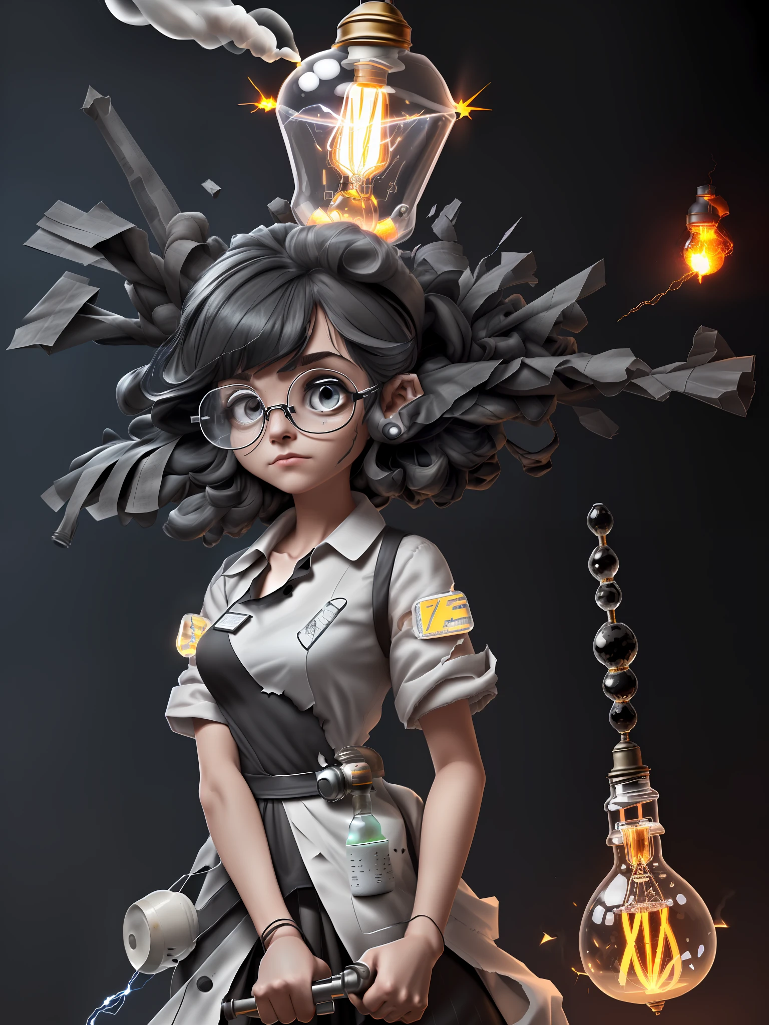 Great Lightbulb (Masterpiece: 1.5), (Best Quality: 1.5), High Definition, High Detail, 3DMM, One Woman, Solo, ((Cracked Glasses))((black soot )) (exploded hair,beard , ((exploding clothes,torn clothes,ripped cloths)) (( lab gown Top Ash Bangs)), ((A Lamp Shocks the Woman )) In the lab she carries me to (((an electrified big Lightbulb))), it explodes, hair standing with ash on it , cute, glowing and electric lamps, ((ashes explosion on the face)), ((indoor,lab,black smoke,smoke,fire,beaker,flask,science equipment,explosion,fire))