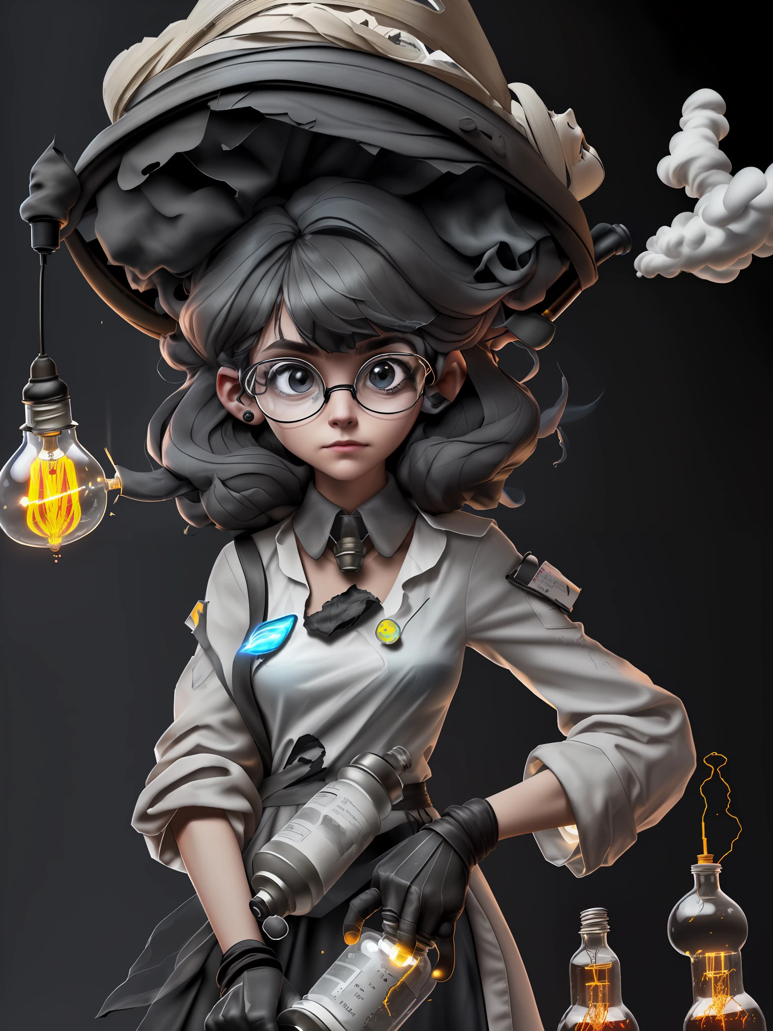 Great Lightbulb (Masterpiece: 1.5), (Best Quality: 1.5), High Definition, High Detail, 3DMM, One Woman, Solo, ((Cracked Glasses))((black soot )) (exploded hair,beard , ((exploding clothes,torn clothes,ripped cloths)) (( lab gown Top Ash Bangs)), ((A Lamp Shocks the Woman )) In the lab she carries me to (((an electrified big Lightbulb))), it explodes, hair standing with ash on it , cute, glowing and electric lamps, ((ashes explosion on the face)), ((indoor,lab,black smoke,smoke,fire,beaker,flask,science equipment,explosion,fire))