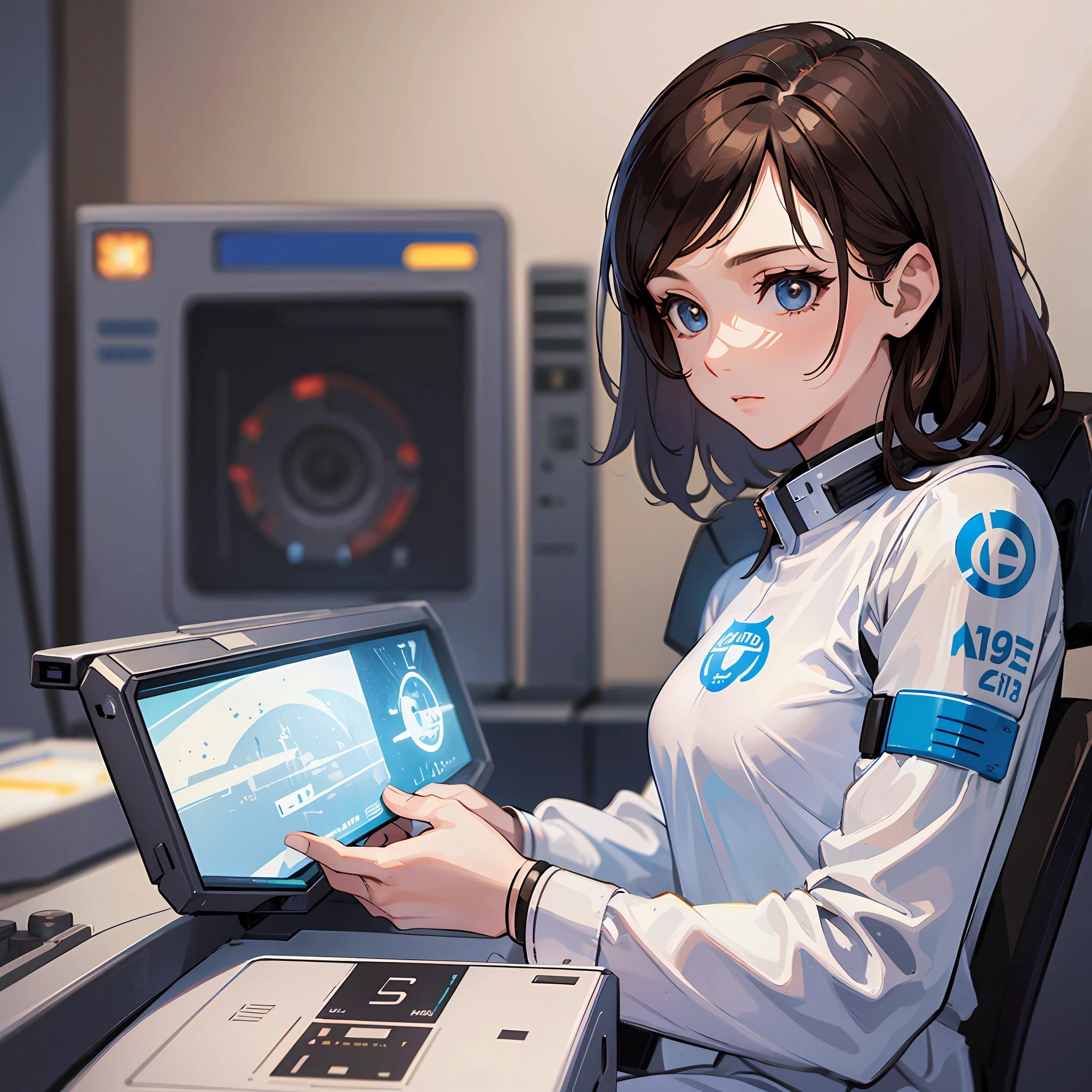 science fiction, sci-fi, sci-fi movies, science fiction movies, movie quotes, 1984 film references, rebel stories, starcraft, a 17-year-old teenage girl, 1girl, brown hair, hair parted in the middle, bright eyes, dress, white space uniform, realistic face resolution, realism, object resolution