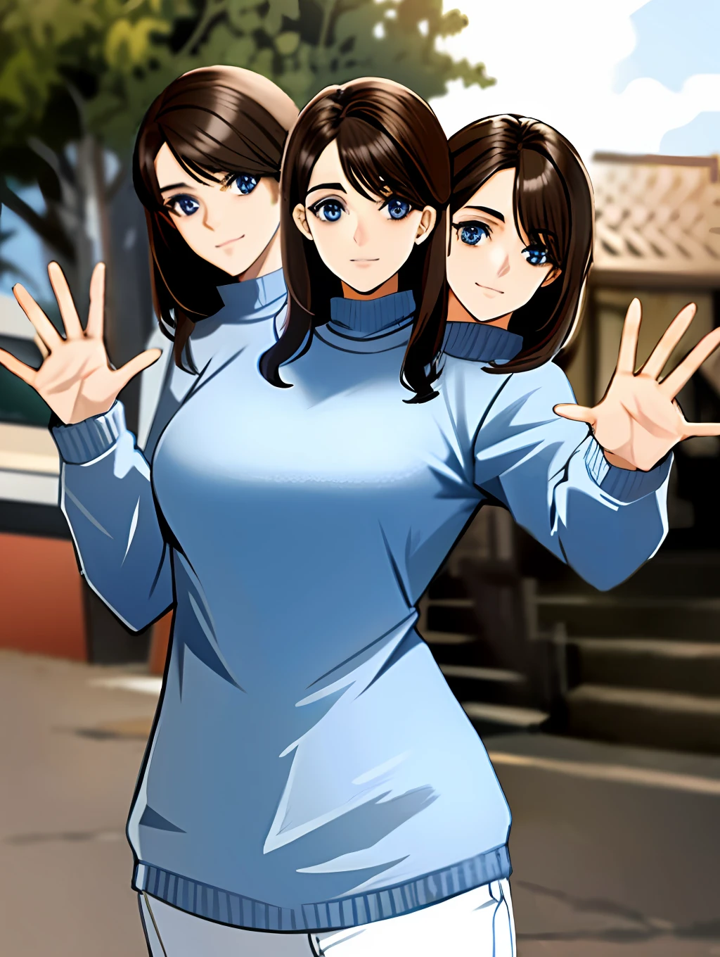 3heads, tribreasts, solo, close up, posing, long brown hair, blue sweater, outside,