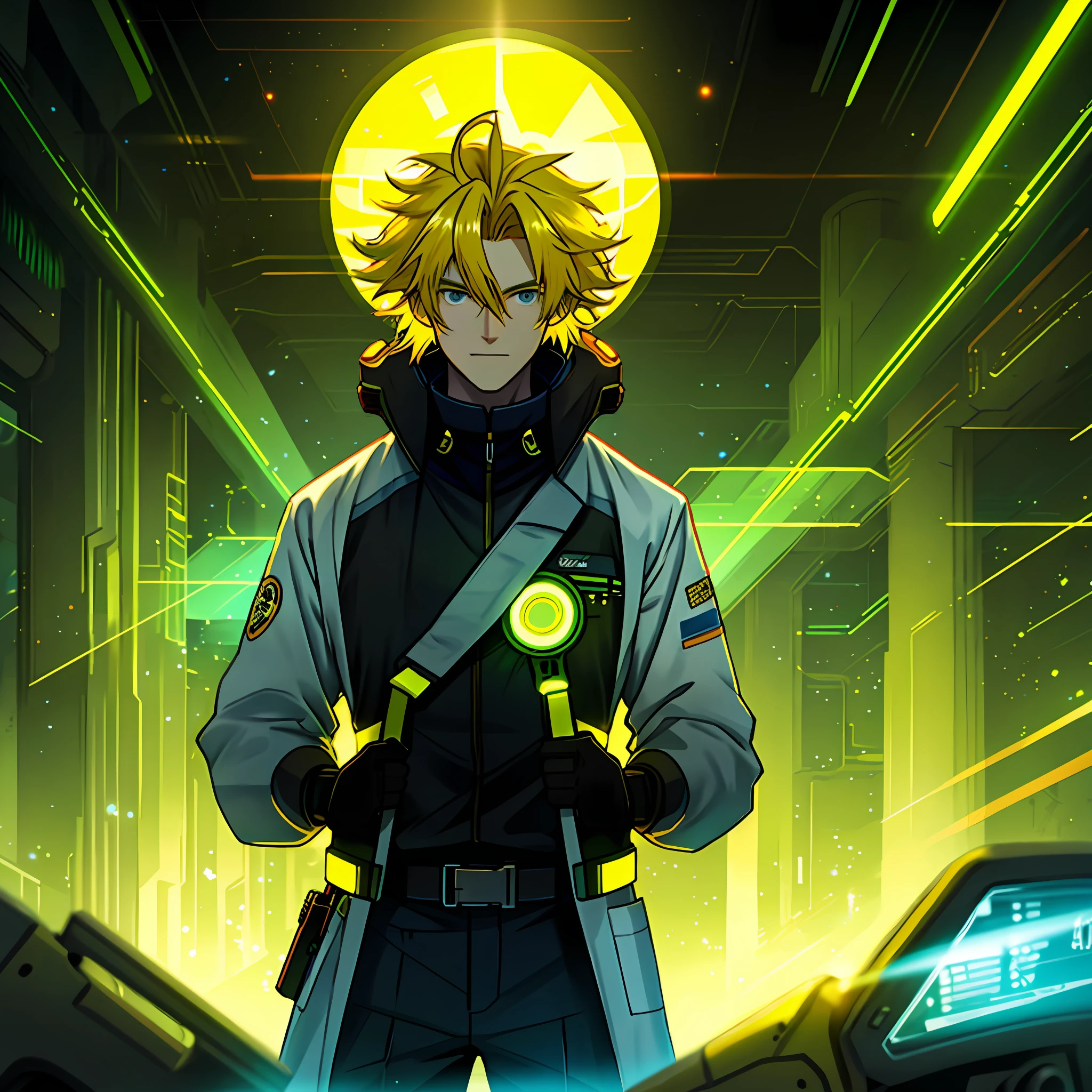 MAN OF YELLOW HAIR COLOR, LONG RED HAIR, BLUE EYES, SCIENTIST COAT, AMID YELLOW AND GREEN LIGHTS, RADIATION