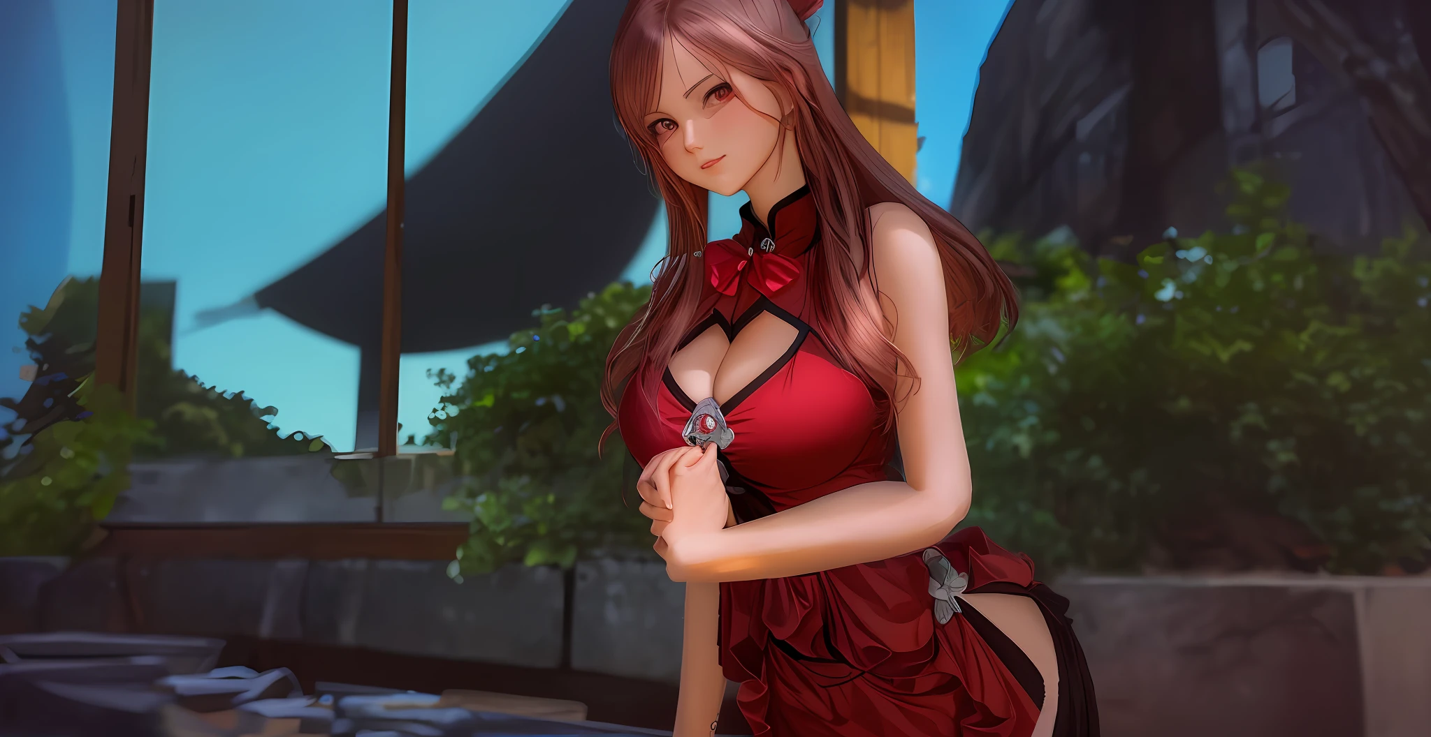 Just make image look more anime, don't add or delete anything, keep face as it is, a wink, red eyes, change the art style, HD,8k,Masterpiece,high quality,4k wallpaper, HDR,best quality, masterpiece,raw photo, 2 fingers pulling down boob window, teasing