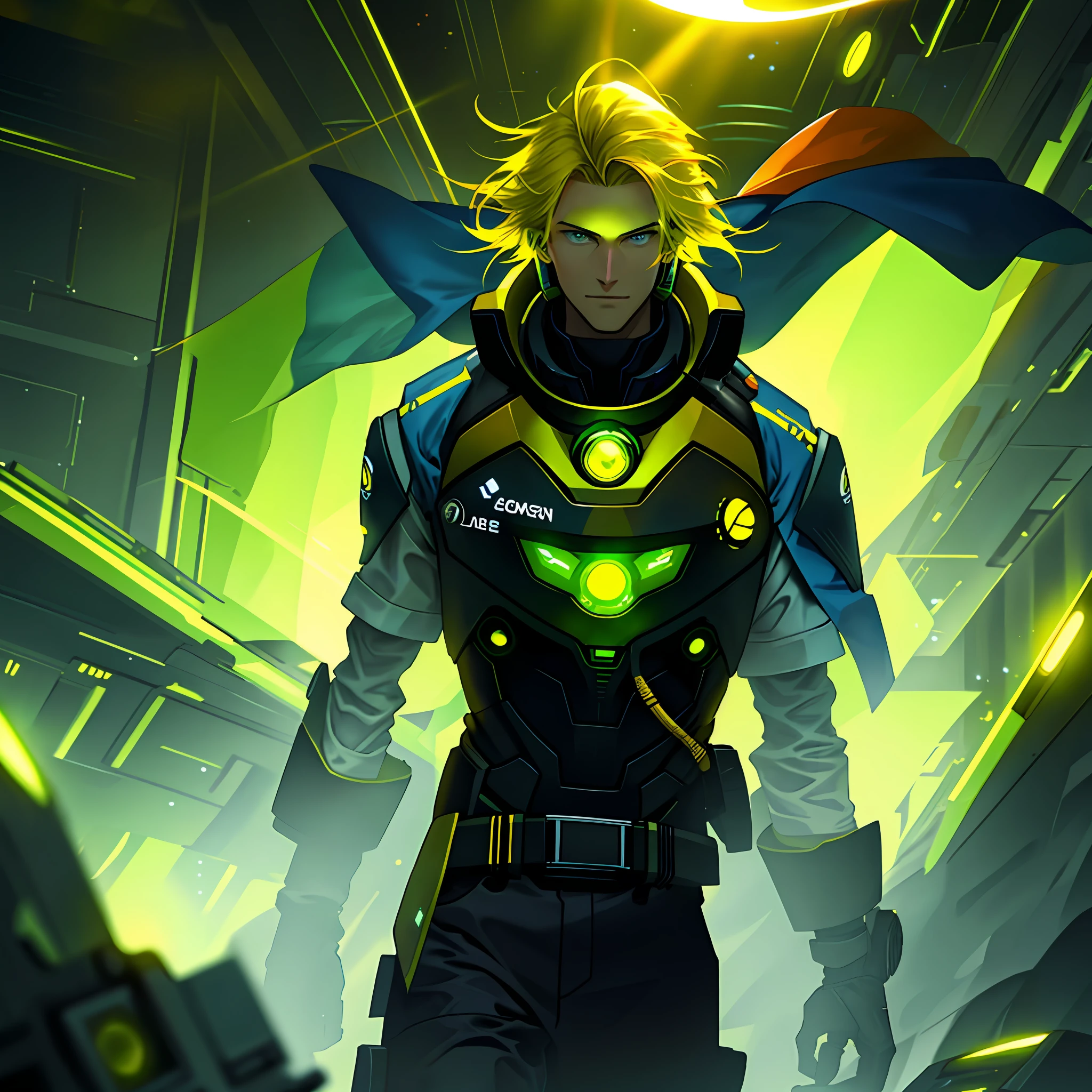 MAN OF YELLOW HAIR COLOR, LONG RED HAIR, BLUE EYES, SCIENTIST COAT, AMID YELLOW AND GREEN LIGHTS, RADIATION