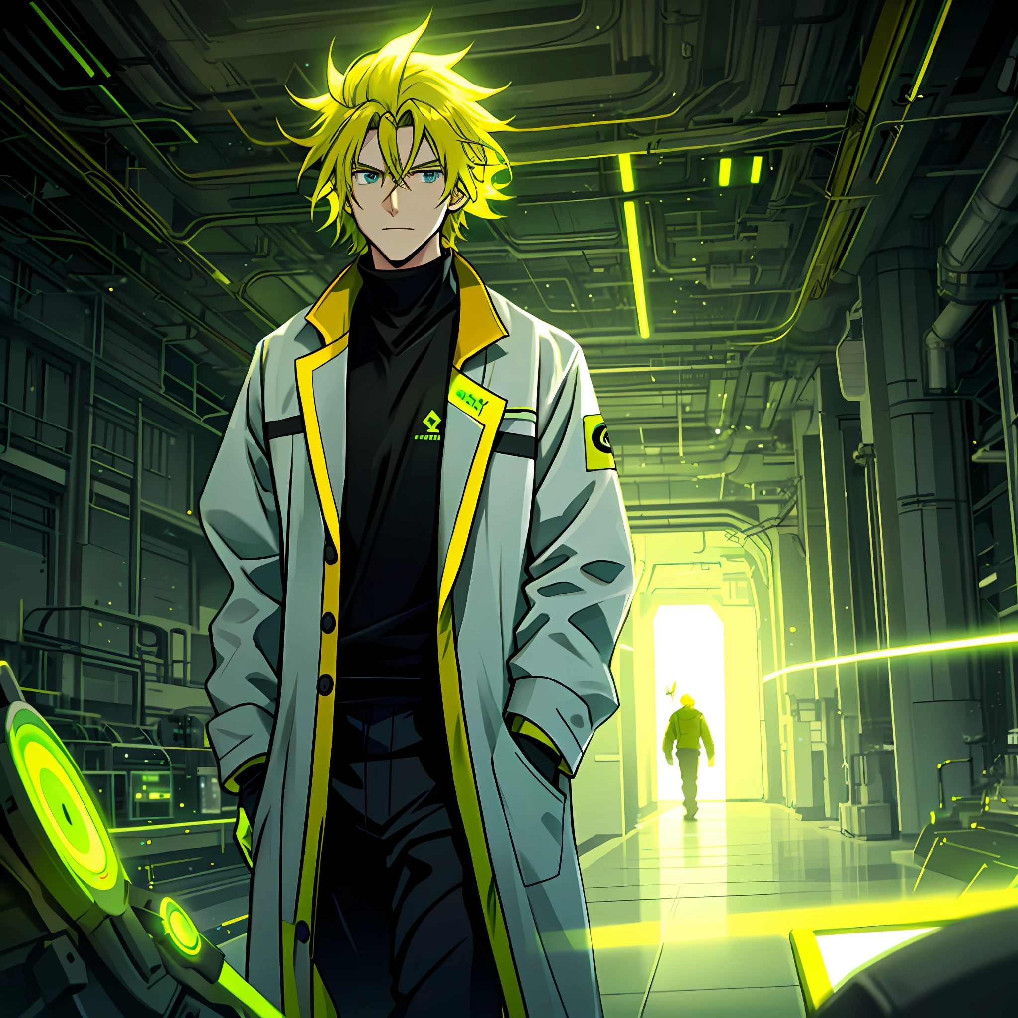 MAN OF YELLOW HAIR COLOR, LONG RED HAIR, BLUE EYES, SCIENTIST COAT, BLACK SWEATPANTS, AMID YELLOW AND GREEN LIGHTS, RADIATION