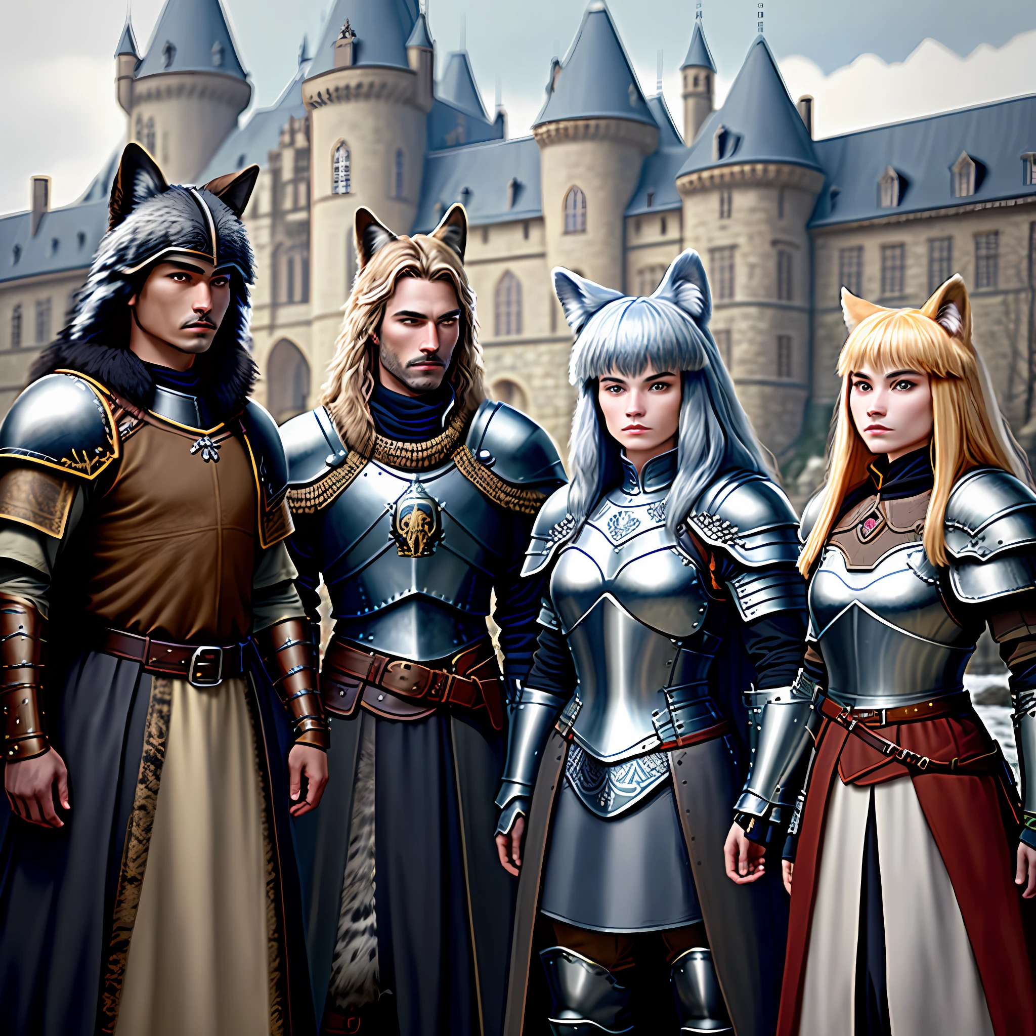 A friendly company of warriors, men and women in armor, in animal skins, full-length, against the background of a castle, a masterpiece, the best quality, detail, brave, brave, looking ahead, gothic style, dark background, armor decorated with animal skins, fox skins, raccoon skins, wolf skins