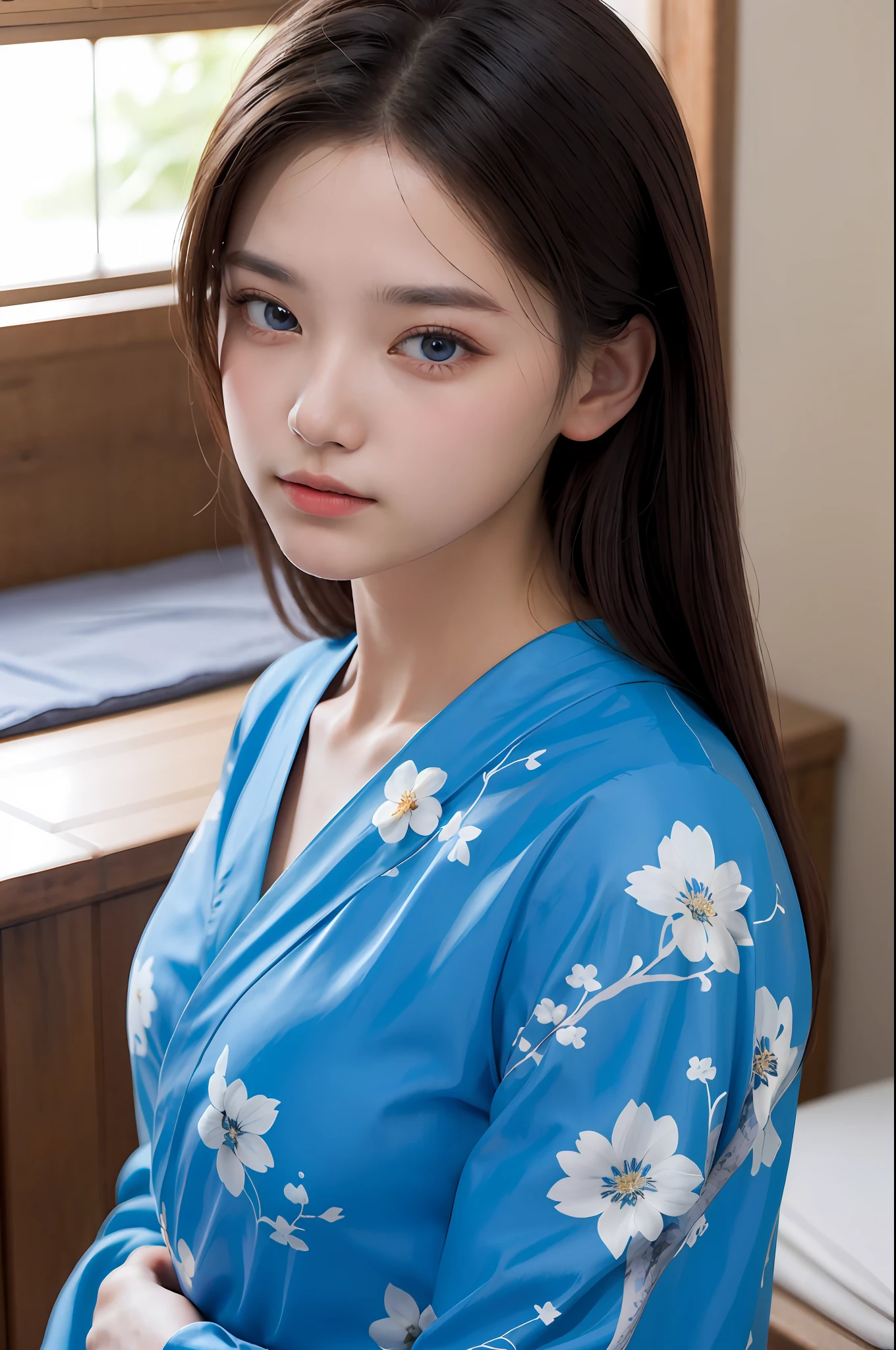 ((masterpiece, top quality, super definition, high definition)), solo, beautiful girl, shining eyes, perfect eyes, 16 years old, blue theme, yukata, fireworks