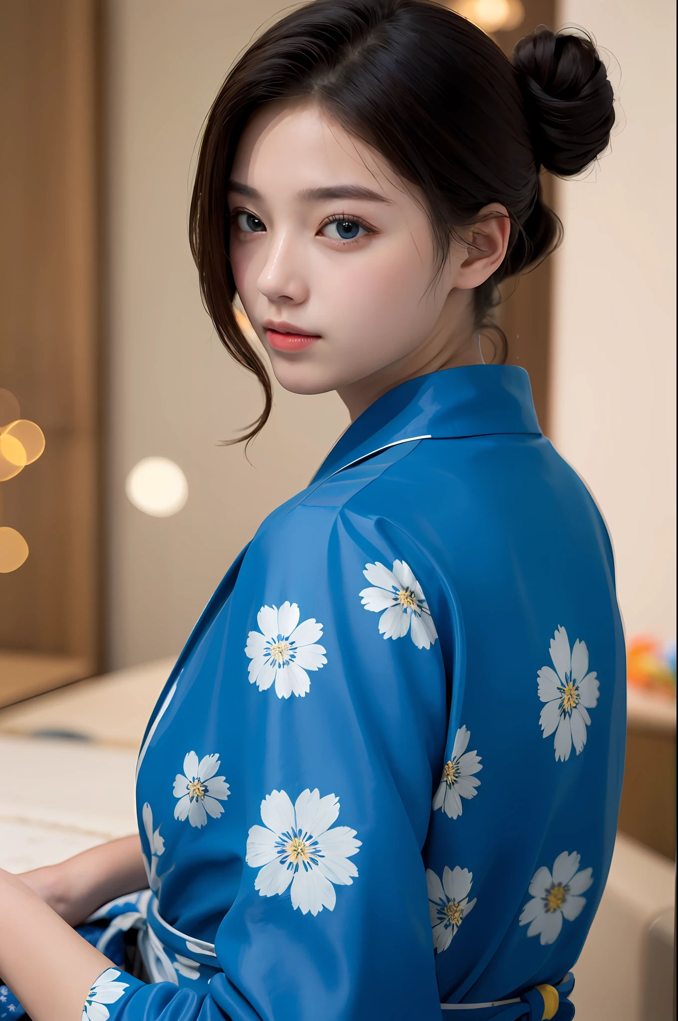 ((masterpiece, top quality, super definition, high definition)), solo, beautiful girl, shining eyes, perfect eyes, 16 years old, blue theme, yukata, fireworks