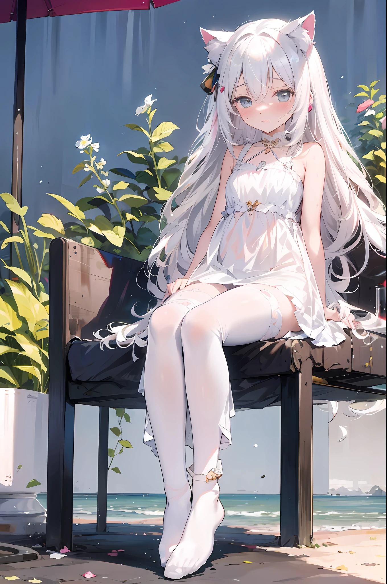 Anime girl sitting on bench with cat ears on her head, seductive anime girl, white-haired god, anime goddess, cute anime gaifu in beautiful clothes, white-haired girl, perfect white-haired girl, detailed white long hair, long-haired anime girl, beautiful anime girl, long-haired anime girl, anime Barbie doll with white stockings, shabby clothes, a lot of broken skin, sweating all over, sweating, urinary incontinence,