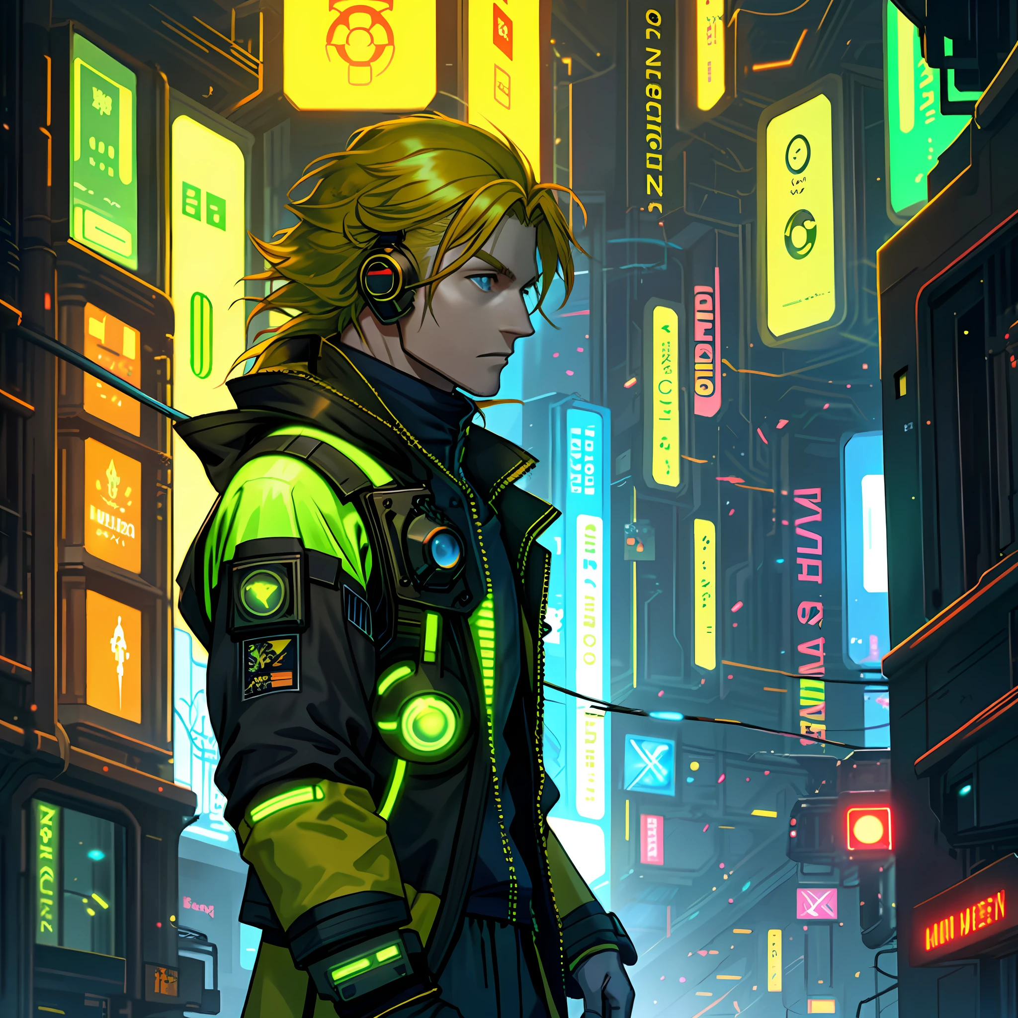 MAN OF YELLOW HAIR COLOR, LONG RED HAIR, BLUE EYES, SCIENTIST COAT, AMID YELLOW AND GREEN LIGHTS, RADIATION, CYBERPUNK