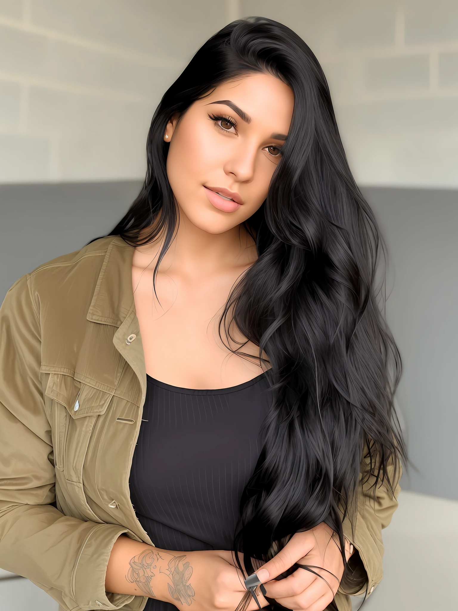 a close up of a woman with long black hair and a jacket, female with long black hair, wavy long - length black hair, wavy long black hair, long curvy black hair, woman with black hair, long wavy black hair, with long black hair, long black hair, extra-dark natural black hair, young woman with long dark hair, long flowing black hair