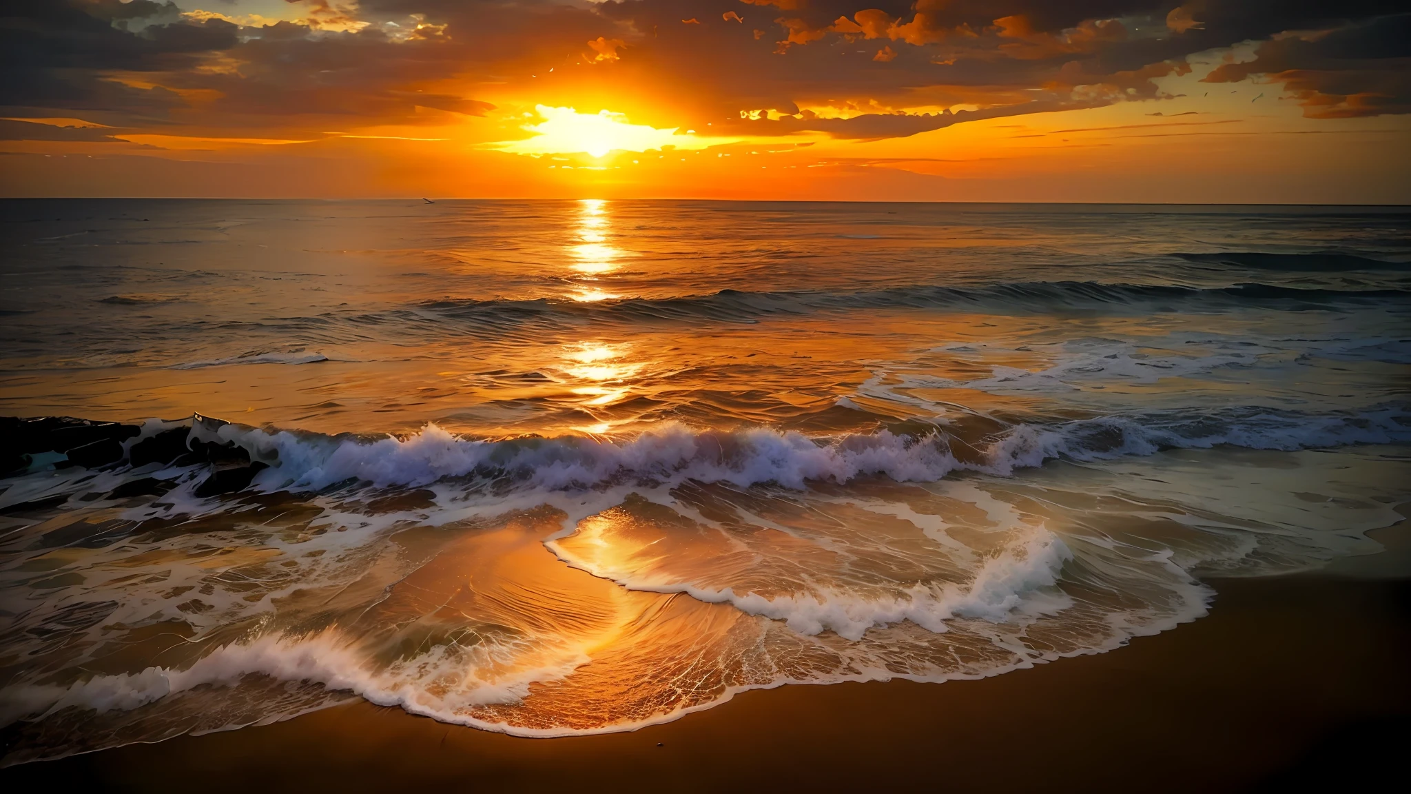 An absolutely mesmerizing sunset on the beach with a mix of orange, pink and yellow in the sky. The water is crystal clear, gently kissing the shore, and the white sand beach stretches as far as the eye can see. The scene is dynamic and breathtaking, with seagulls soaring high in the sky and palm trees gently swaying. Soak up the calming atmosphere and let tranquility envelop you. Scorched stones are beaten by the waves,