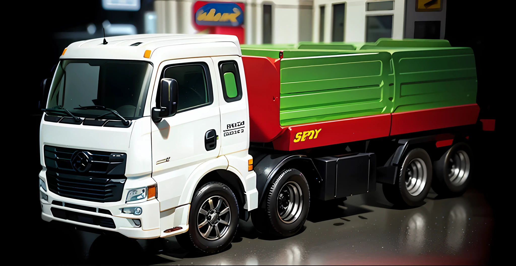 Close up of toy truck with city, truck in background,