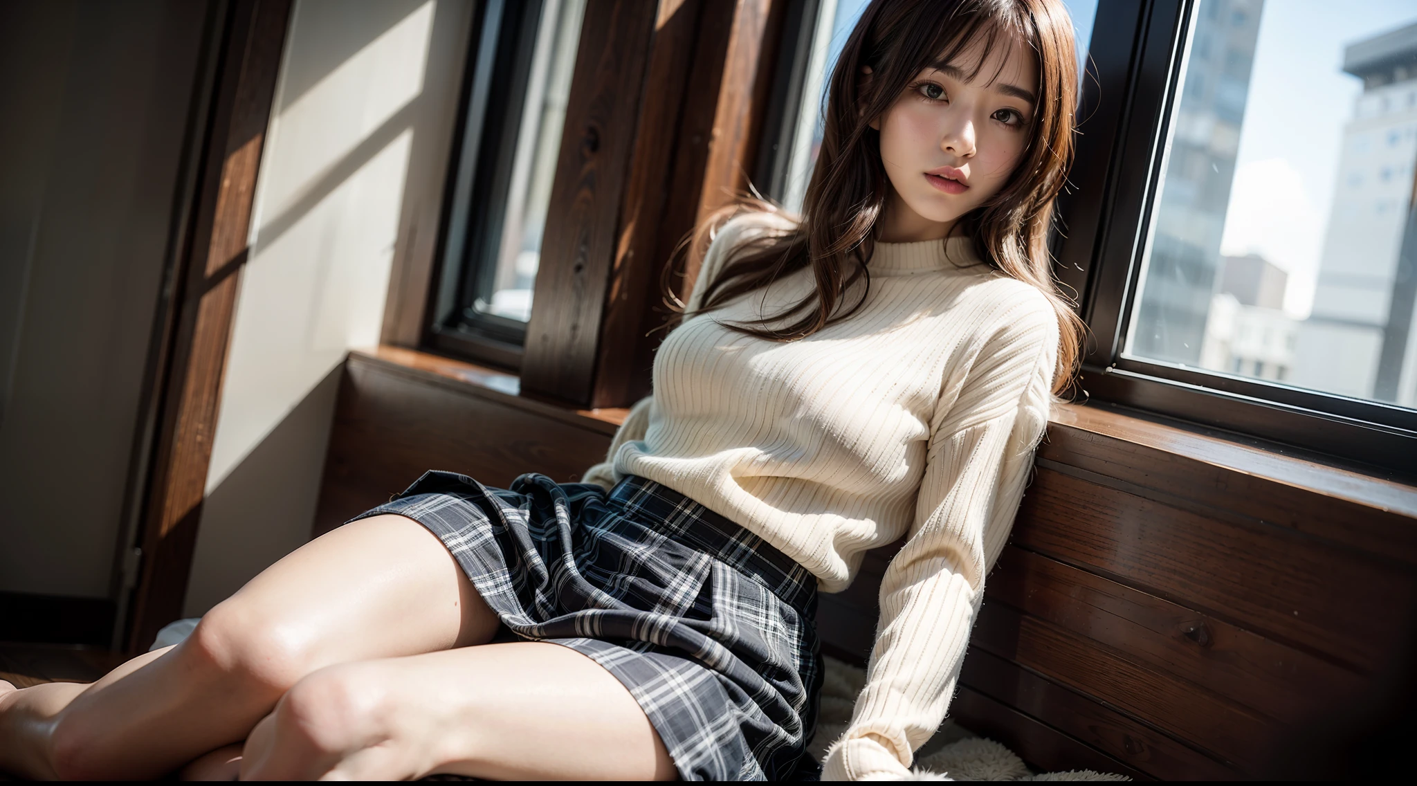Top quality, masterpiece, very delicate and beautiful, highly detailed CG, unity, 8k wallpaper, amazing, fine detail, masterpiece, highest quality, highly detailed CG Unity 8k wallpaper, absurdity, incredibly absurd, huge file size, super detailed, high resolution, very detailed and beautiful detailed girl, very detailed eyes and face, beautiful detailed eyes, (RAW photo, highest quality), (real, Photorealistic: 1.3), full body, light on the face, Dudu, Light brown plaid pleated skirt, opaque clothes, oversight, black loafers, thigh height, black cotton socks, hair_ornament, white hair, wavy hair, light on the face, (small waist: 1.3), (small breasts: 0.3) sit on the window seat of the pale pink dudu, Looking at the city lights at night with a dreamy expression