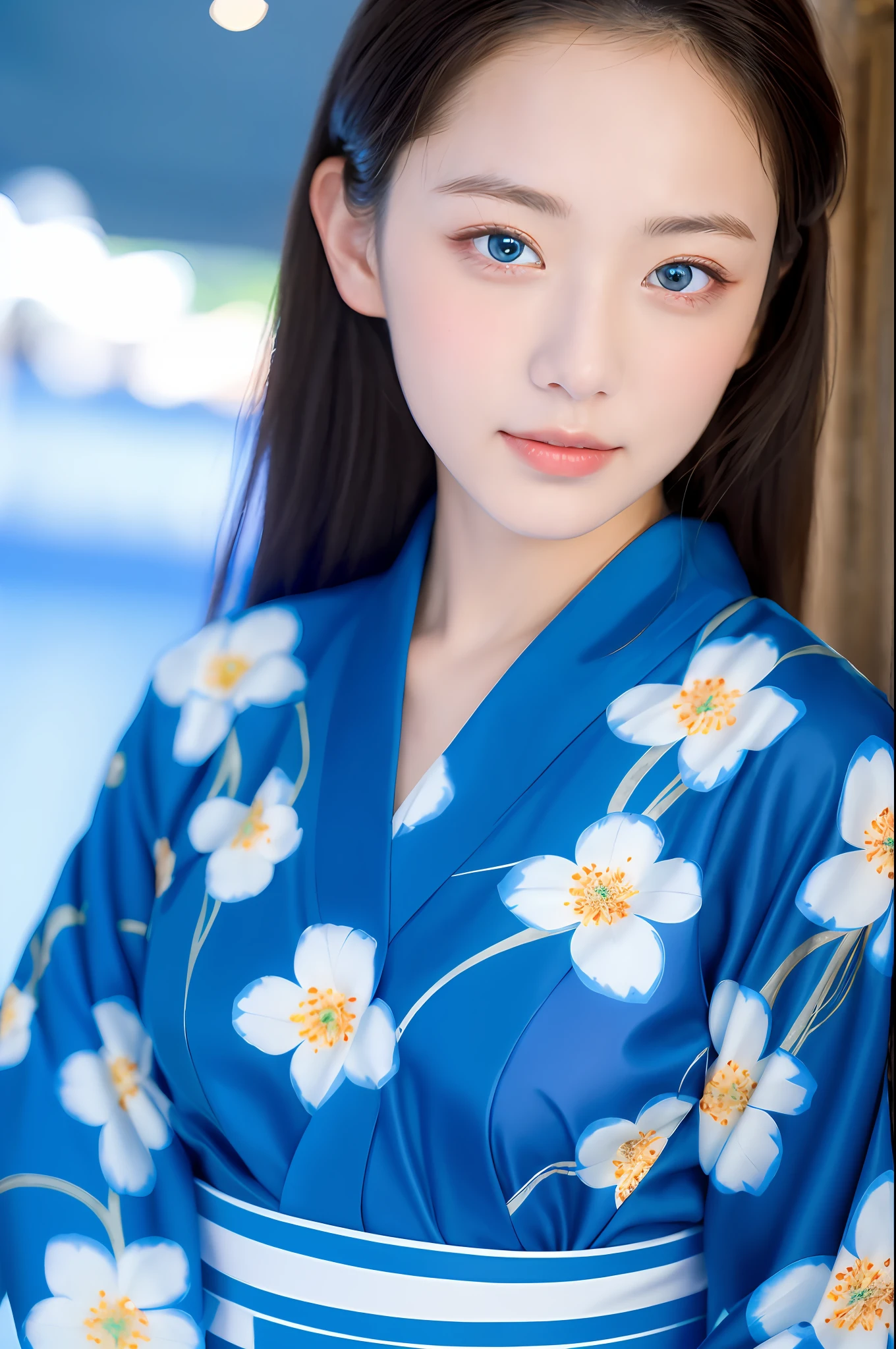 ((masterpiece, top quality, super definition, high definition)), solo, beautiful girl, shining eyes, perfect eyes, 16 years old, blue theme, yukata, fireworks