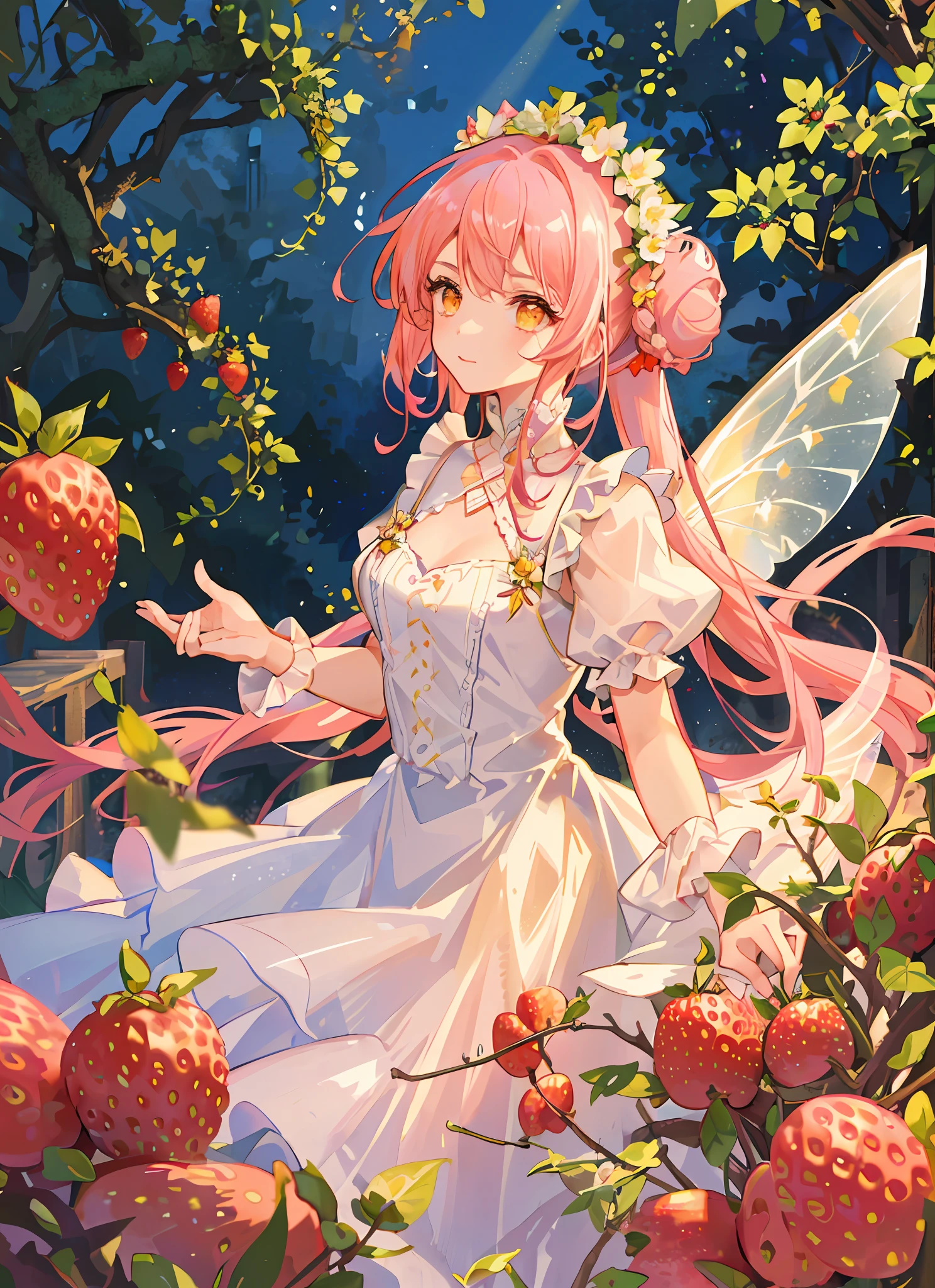 1girl. (masterpiece, best quality, ultra-detailed), strawberry garden, big berries, strawberry fairy, long white and pink embroided lace dress, pink flowy hair with buns, yellow eyes, flower crown, iridescent fairy wings, sunlight, Volumetric light.