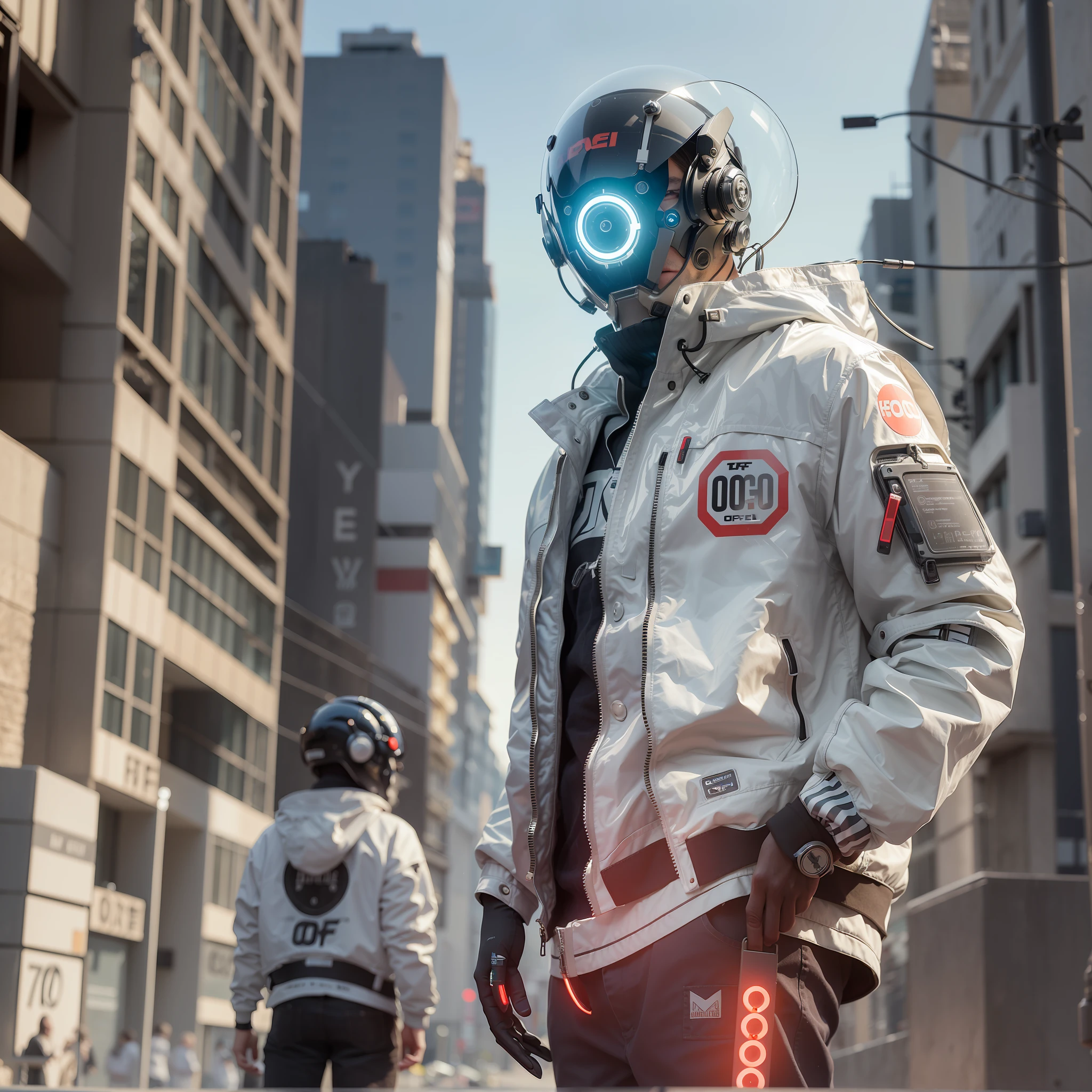 original, masterpiece, best quality, a cyborg man in a #00BFFF circle light up cyberhelmet with #00FF00 ears, wearing #00FF0 jacket, sunny day, on the street