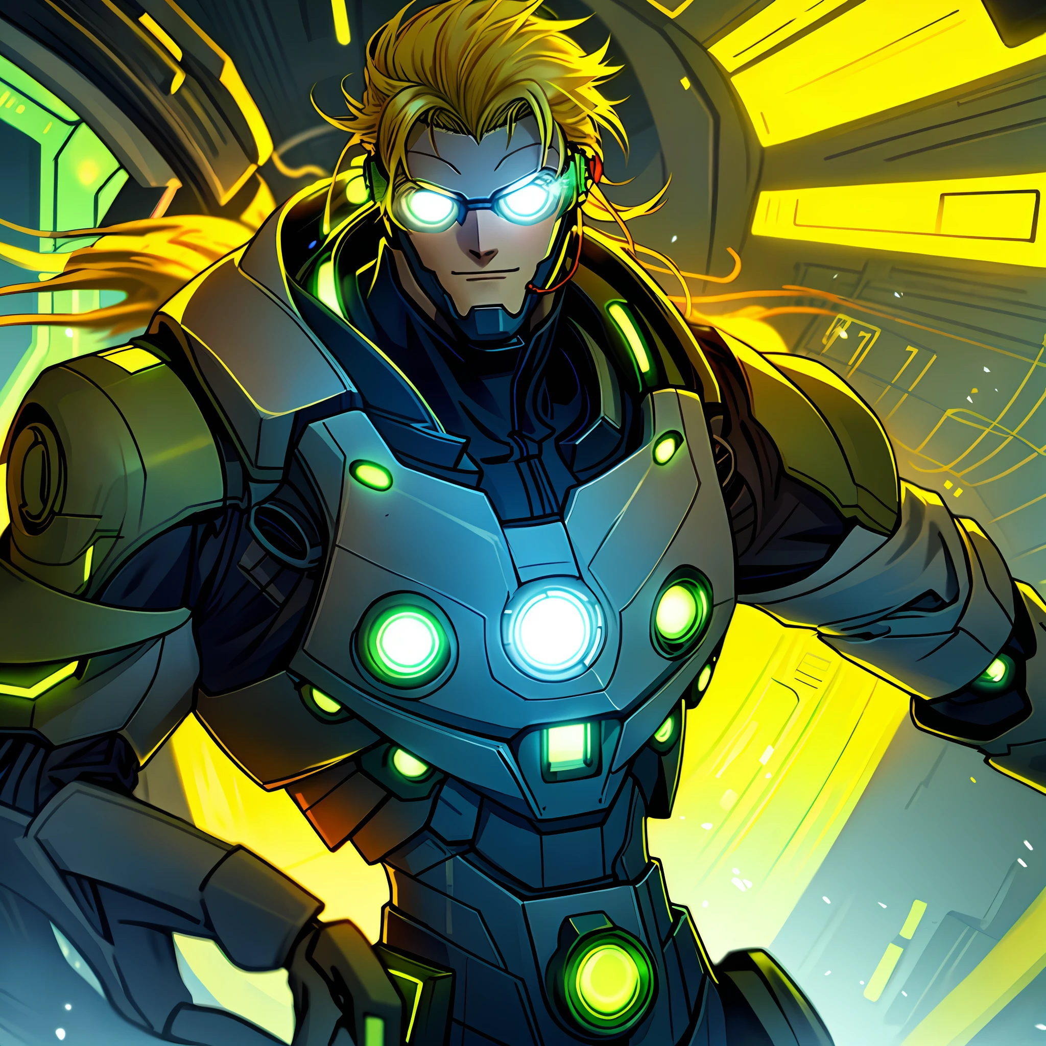 YELLOW HAIR COLORED MAN, LONG RED HAIR, BLUE EYES, SCIENTIST COAT, AMID YELLOW AND GREEN LIGHTS, RADIATION, CYBORG