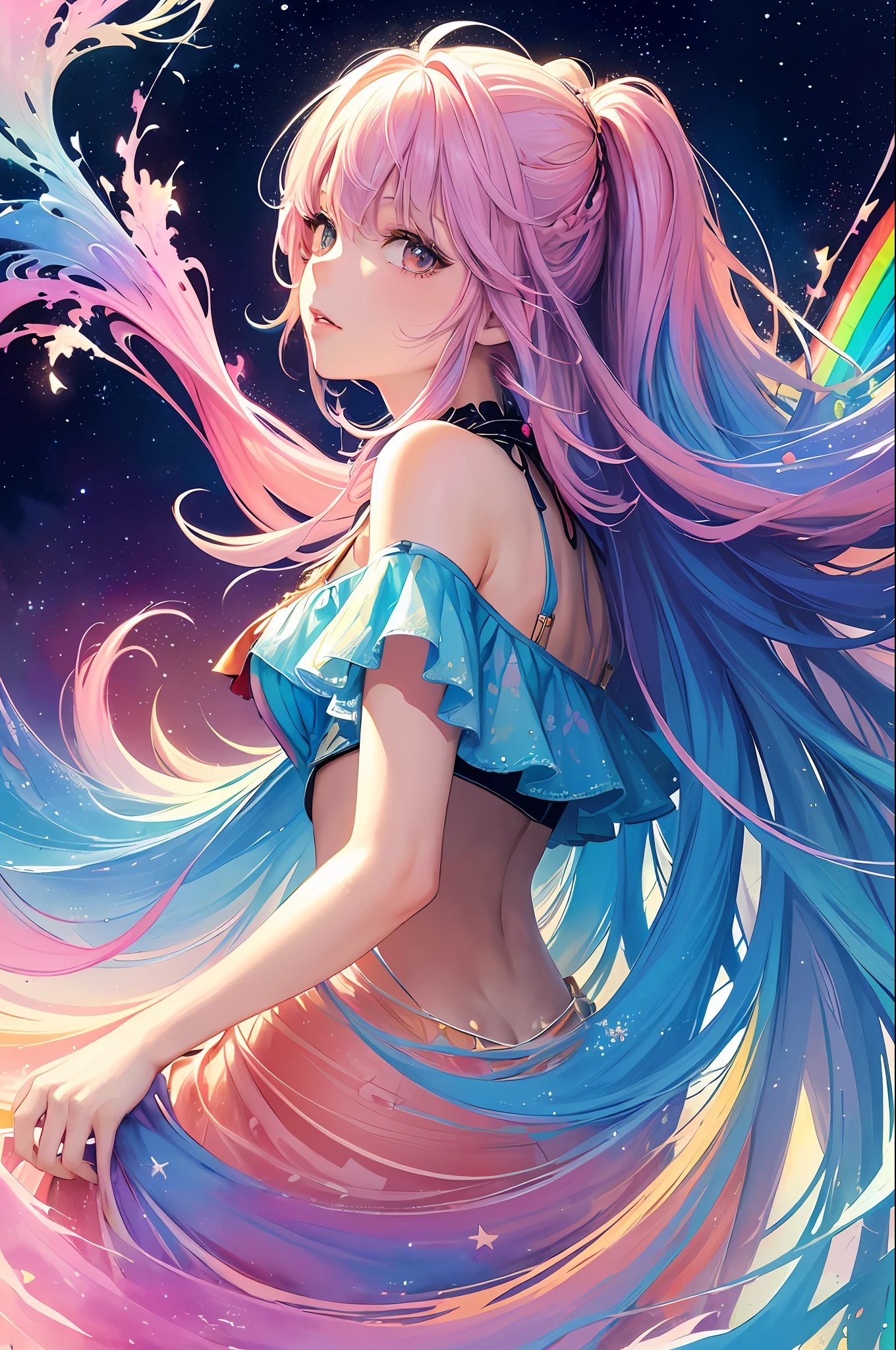 (masterpiece, top quality, best quality,watercolor (medium),official art, beautiful and aesthetic:1.2),(1girl:1.3), (fractal art:1.3),upper body, from side, looking at viewer,patterns,(rainbow color Hair,colorful hair,half blue and half pink hair:1.2),water,liquid, cloud,colorful, starry,stars,