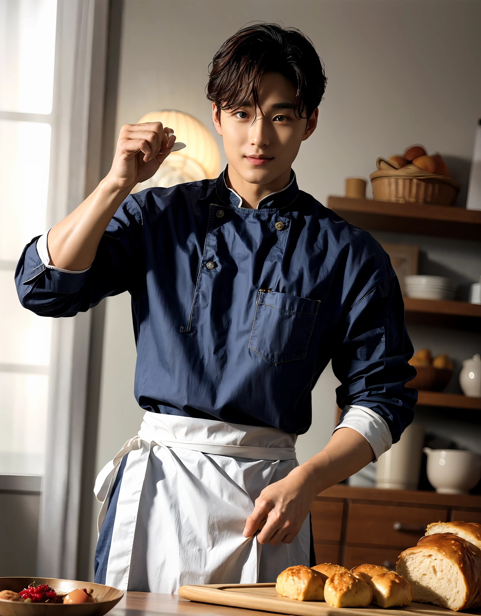 (masterpiece, ultra quality, high resolution, 8k, intricate: 1.2), (detailed face:1.2)), Front cover of a men's cooking magazine, 1boy, , stunning, handsome, heartwarming smile, , wearing tight chef costume, pinny apron, beautiful food,