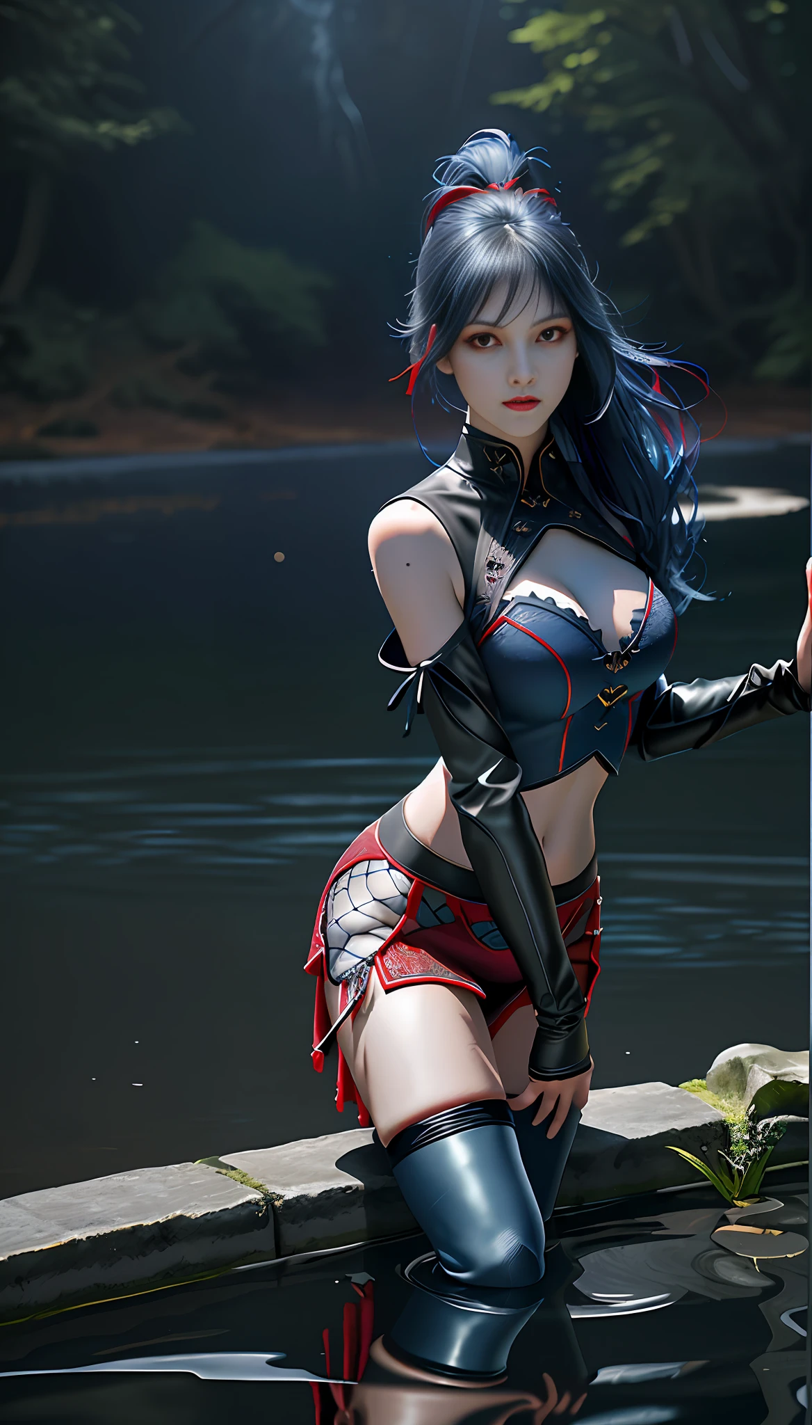 best quality}, {{masterpiece}}, {highres}, Perfect waist cut, Large breasts, Warrior girl with a small short sword on hand, Skimpy organza transparent clothes, organza elements on clothes, net clothes, leather glossy elements on clothes, dark blue hair with red highlights, (perfect nose), Seductive gaze, dark blue knee high boots on high heels with red highlights, (Best Illustration), 8k Resolution, Intricate Details, Best Quality, Realistic, Ultra Detailed, Best Lighting, Best Shadows, Ultra HD, A Necromancer style, Night, Magic, Dark Style, Vampire, (shining red eyes:1.6), masterpiece, high_res, Beautiful face, tyndall effect, photo realistic, (high detailed skin:1.2), 8k uhd, dslr, high quality, Photograph, high resolution, 4k, 8k, Bokeh, absurdres, ponytail contorted, best ratio four finger and one thumb, front view, dark blue hair gorgeous, perfect proportional skinny fitness body, full body view, wet skin, wet clothes, dark cathedral baground scenery, huge bobs, belly muscle, long fit perfect legs, fishnet dark red Stockings, realistic reflection in the water