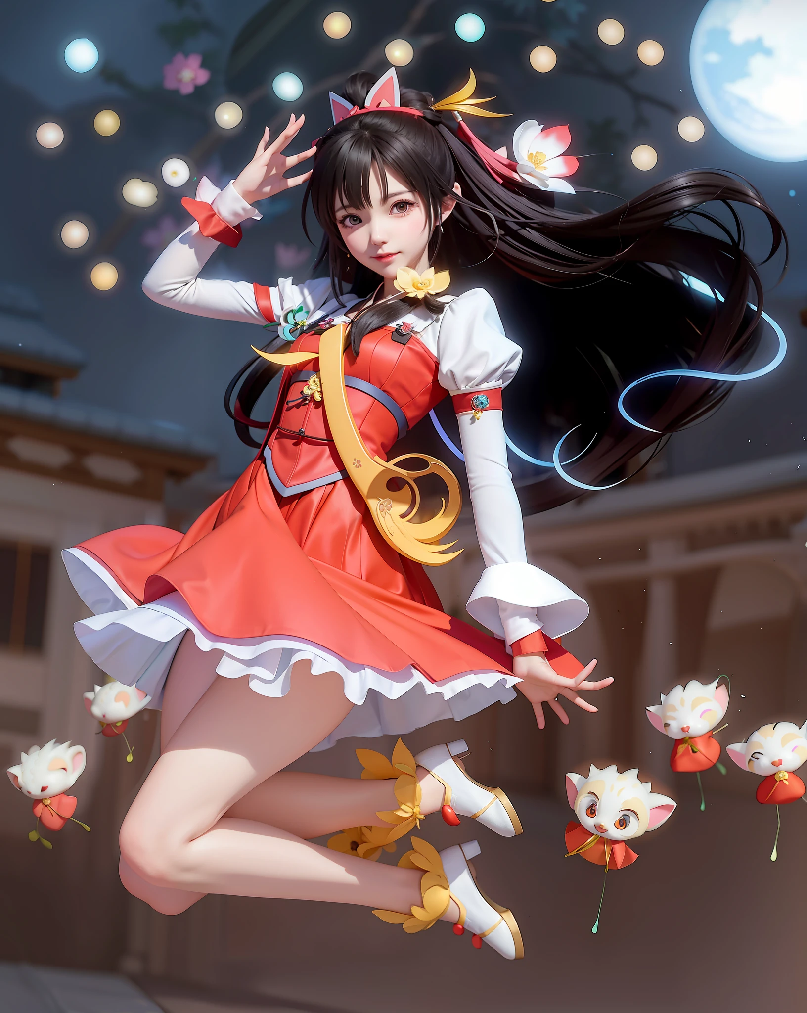 Anime girl in a red dress jumping in the air with flowers, artistic representation of Reimu hakurei, anime girl cosplay, by Yang J, made with anime painter studio, G Liulian Art Style, Artgerm and Atey Ghailan, Zhongli of Genshin Impact, Smooth Anime CG Art, Reimu Hakurei, add a cat|panda with cute high definition neon oregas, in your left hand, add cute kittens and cute puppies that shine, 8k,16k,