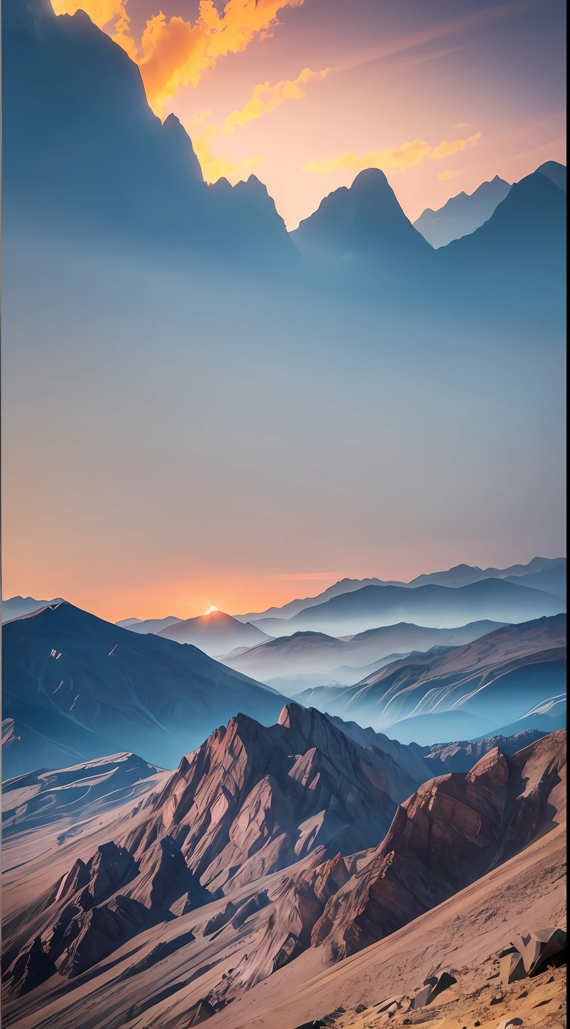 Mountains with mountains, Beautiful sunrise, Blue sky, high detail, Social realism, Social realism, Social realism, Realism, textured skin, textured skin, retina, UHD, best quality, super detail, highres, 16k