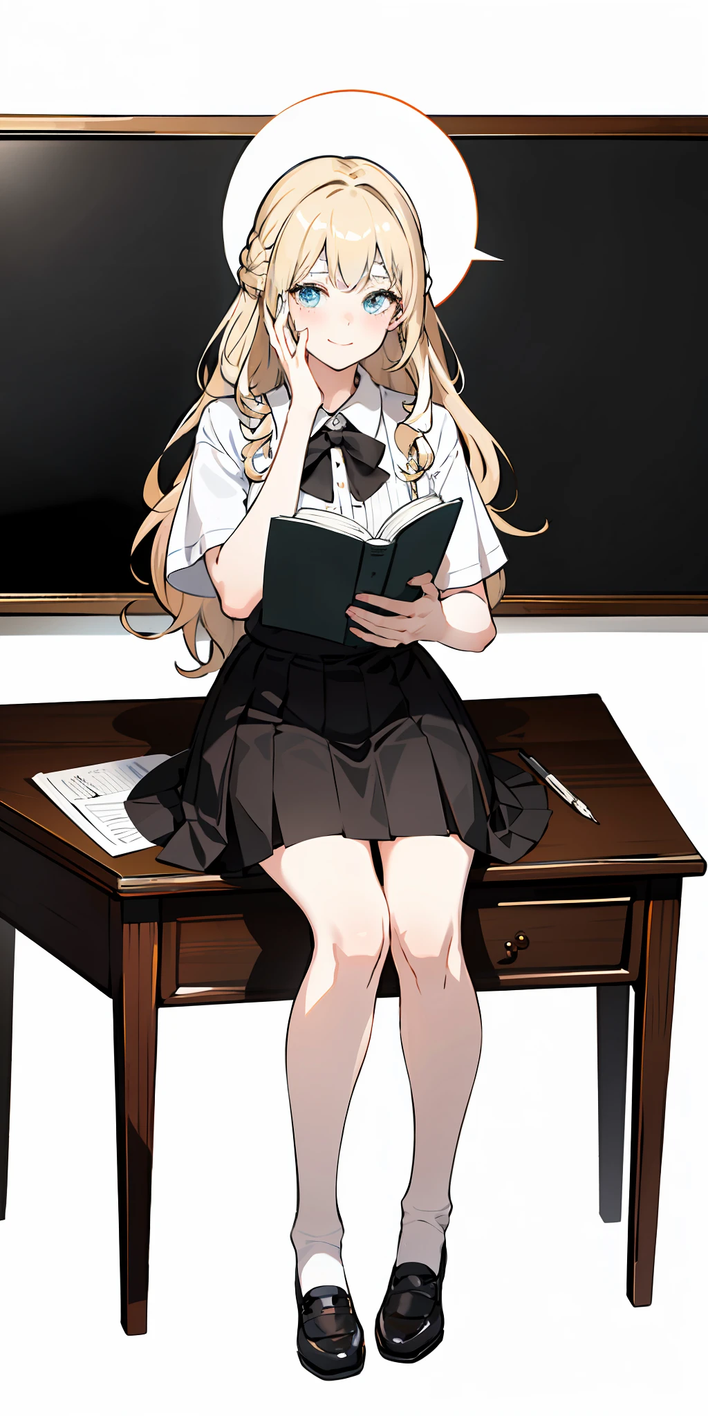 Color, (Masterpiece: 1.4), (Best Quality: 1.4), 8K, HD, Ultra HD, 1 Girl, (Big Tits: 1.4), Long Blonde Hair, White Clothes, Black Short Skirt, White Socks, Desk, Reading, Pen, Curly Hair, Blushing, (Smile with Joy), ((Hands Cover Face, Eyes Covered)), Classroom, Blackboard, ((Sitting at Desk)), ((Reading))