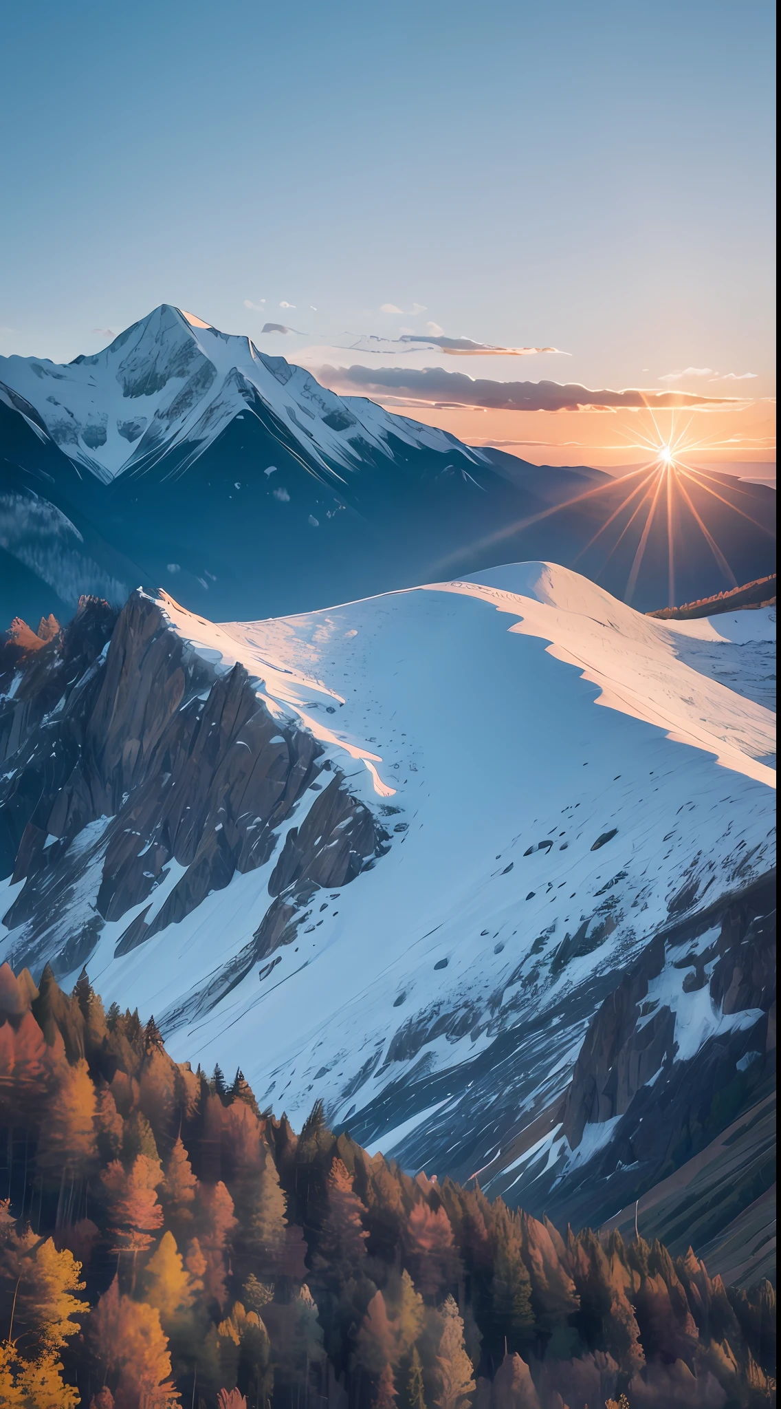 Mountains with mountains, Beautiful sunrise, Blue sky, high detail, Social realism, Social realism, Social realism, Realism, textured skin, textured skin, retina, UHD, best quality, super detail, highres, 16k