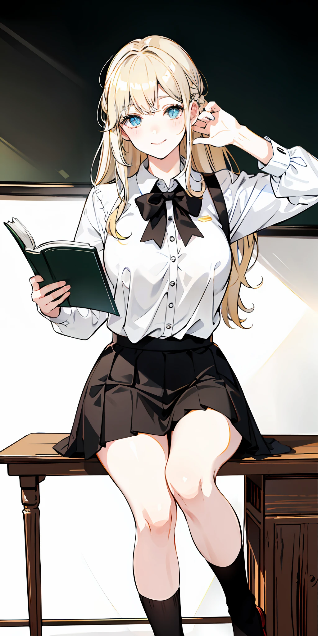 Color, (Masterpiece: 1.4), (Best Quality: 1.4), 8K, HD, Ultra HD, 1 Girl, (: 1.4), Long Blonde Hair, White Clothes, Black Short Skirt, White Socks, Desk, Reading, Pen, Curly Hair, Blushing, (Smile with Joy), ((Hands Cover Face, Eyes Covered)), Classroom, Blackboard, ((Sitting at Desk)), ((Reading))