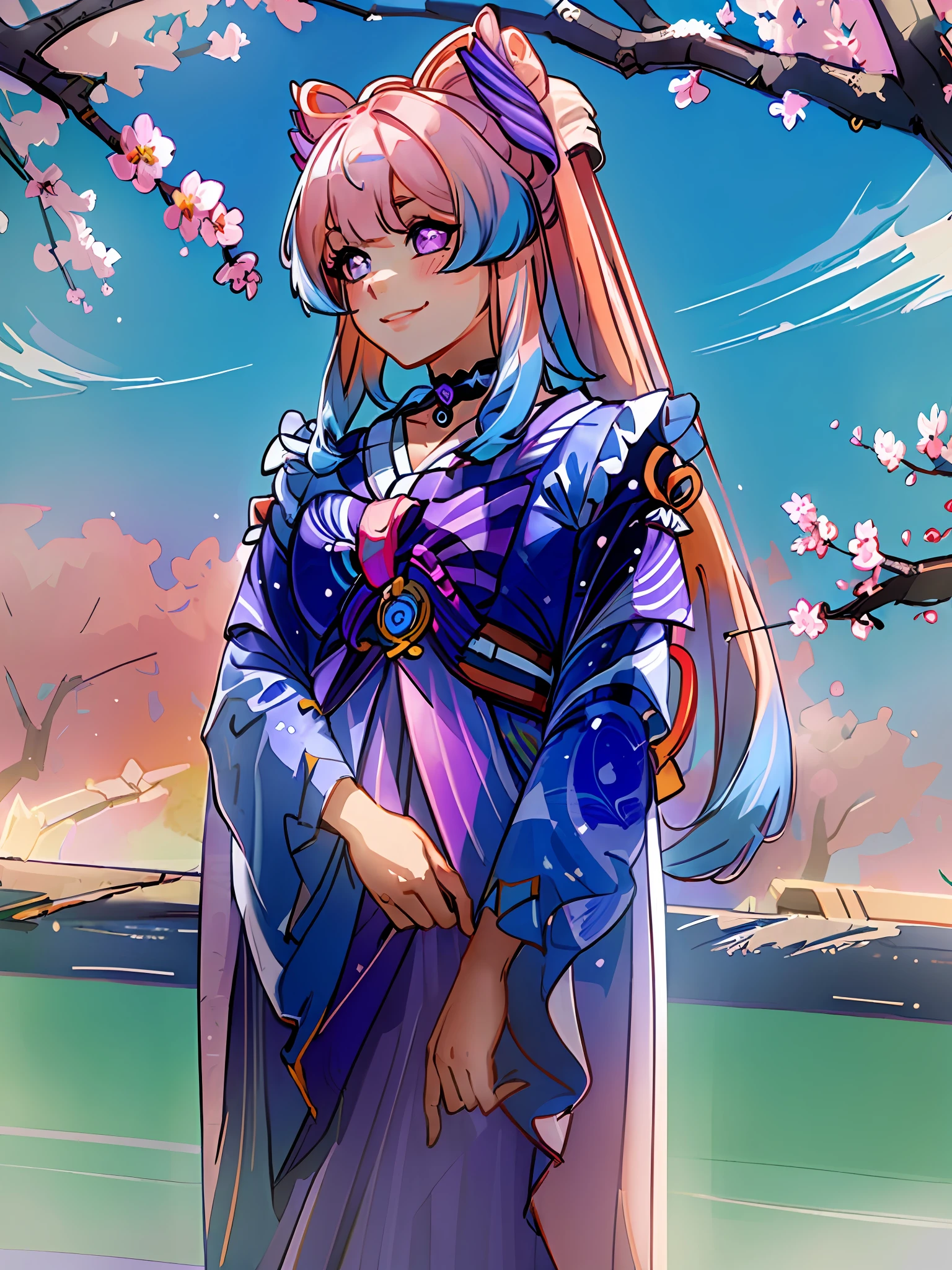 (((masterpiece))),(((best quality))), ((ultra-detailed)), (best illustration), 1girl, solo,  blush, smug, smile, purple eyes, choker, gradient eyes, no pupils, multicolored_hair, pink hair, blue hair, long hair,sangonomiya kokomi, ((kimono)), outdoors, sakura trees, sakura, facing towards viewer, front view
