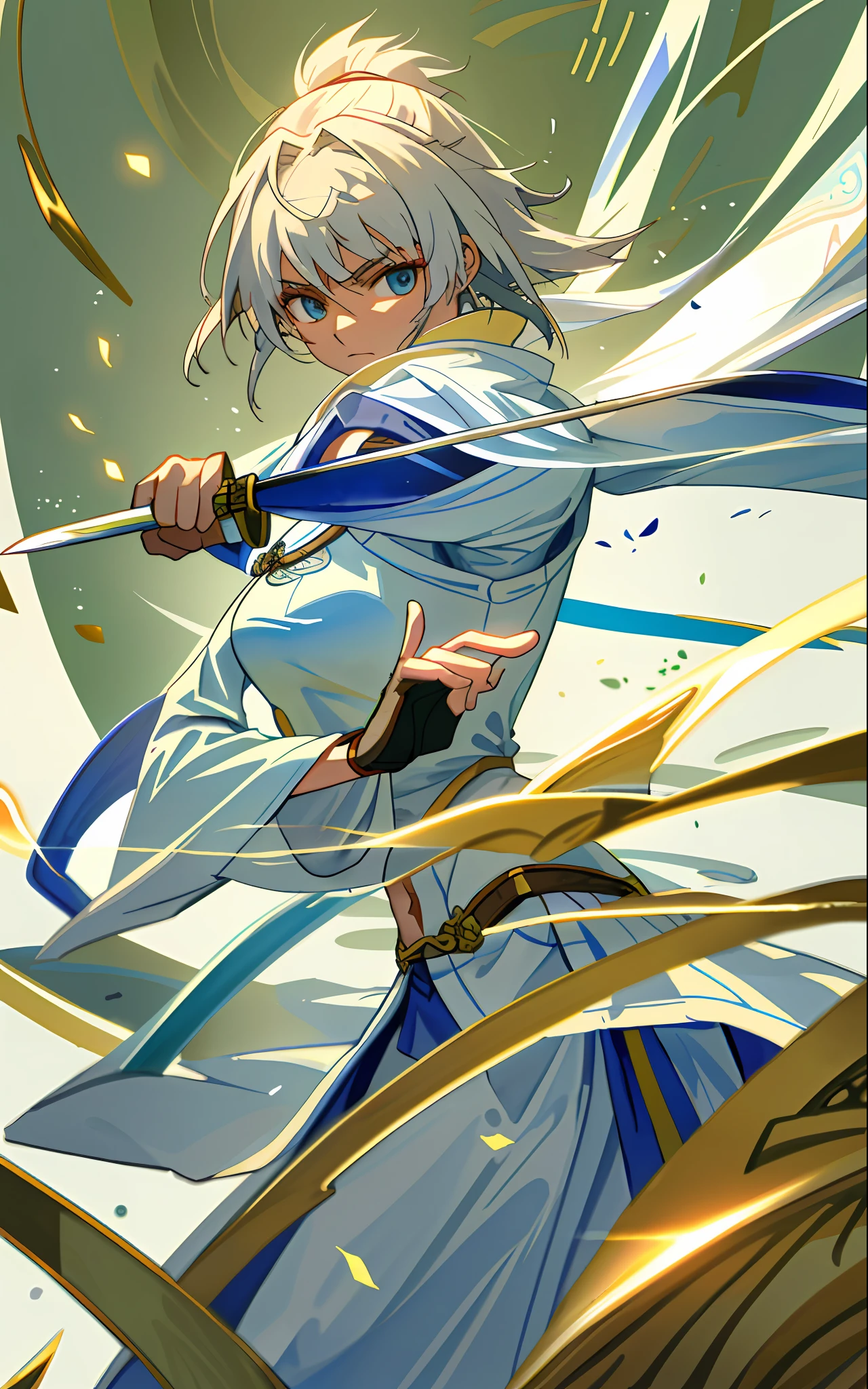 Masterpiece, high resolution, watercolor, ancient Chinese warlord, beautiful female swordsman, smooth white skin like china, neutral, gentle face, muscular lines, shadows on the face, impressive light, shaded glossy skin, slender, lower breasts, navel, sword in both hands, Suikoden, Ichijo blue fan third daughter, light robe, seven colored robe, dancing, staring at the viewer. shout
