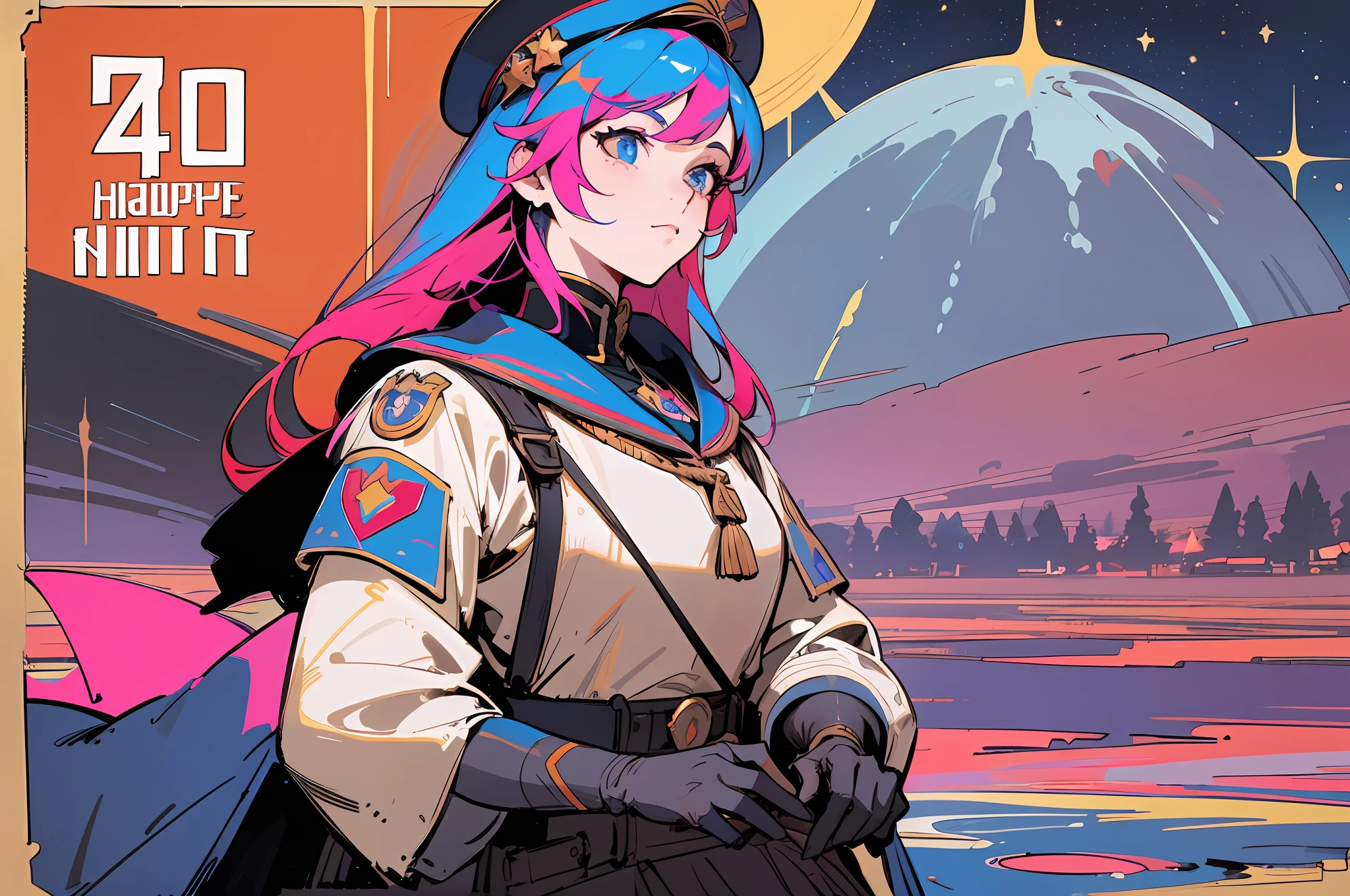 anime poster of a woman with a pink hair and a blue hat, portrait anime space cadet girl, cushart krenz key art feminine, portrait armored astronaut girl, cushart kenz, inspired by Jules Chéret, guilty gear strive splash art, mighty princess of the wasteland, space molly, 2d art cover, girl in space