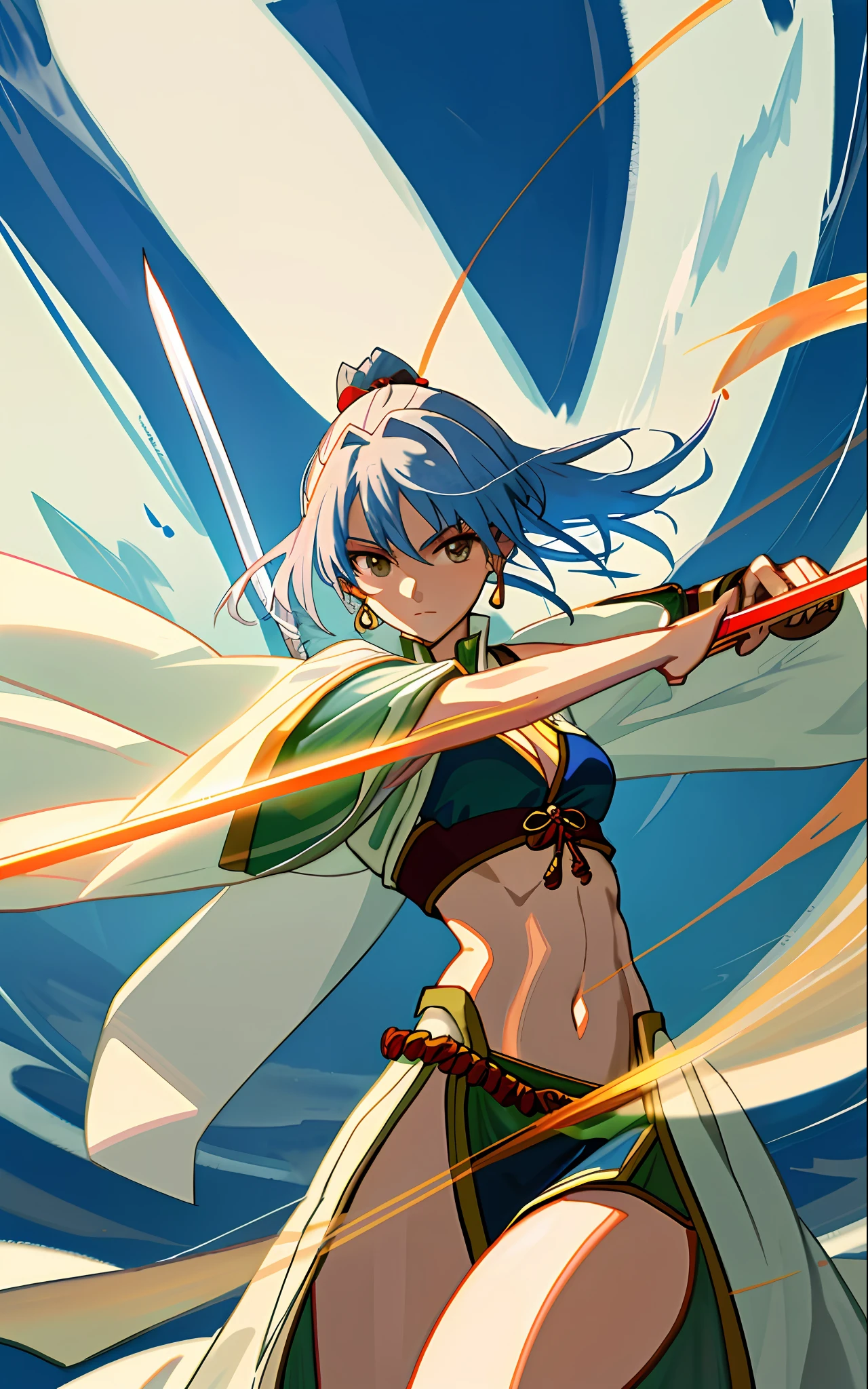 Masterpiece, high resolution, watercolor, ancient Chinese warlord, beautiful female swordsman, smooth white skin like china, muscular lines, shading on face, impressive light, shaded glossy skin, slender, lower breasts, navel, sword in both hands, Suikoden, Ichijo blue fan third daughter, light robe, seven colored robe, dancing, staring at the viewer. shout