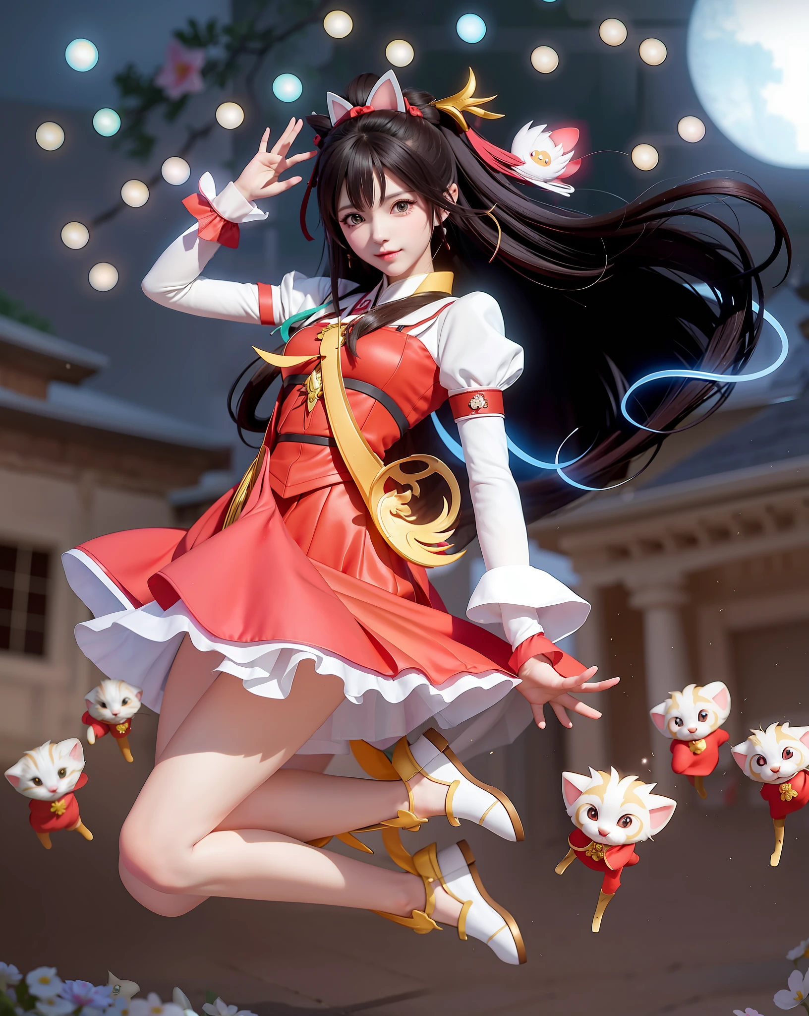 Anime girl in a red dress jumping in the air with flowers, artistic representation of Reimu hakurei, anime girl cosplay, by Yang J, made with anime painter studio, G Liulian Art Style, Artgerm and Atey Ghailan, Zhongli of Genshin Impact, Smooth Anime CG Art, Reimu Hakurei, add a cat|panda with cute high definition neon oregas,  in her left hand, add cute kittens and cute little dogs shining, 8k,16k, I want to add some cute kittens in the picture. I would like them to have brightly colored neon ears and that they were distributed in a balanced way in the image so that it does not seem crowded. I would also like the kittens to look realistic in the picture and blend in well with the rest of the visual content.