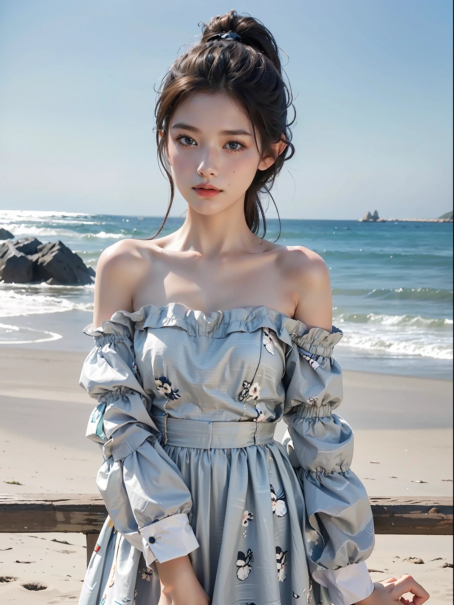 Best quality, masterpiece, 8k resolution, 1 girl, coast, sky, off-the-shoulder