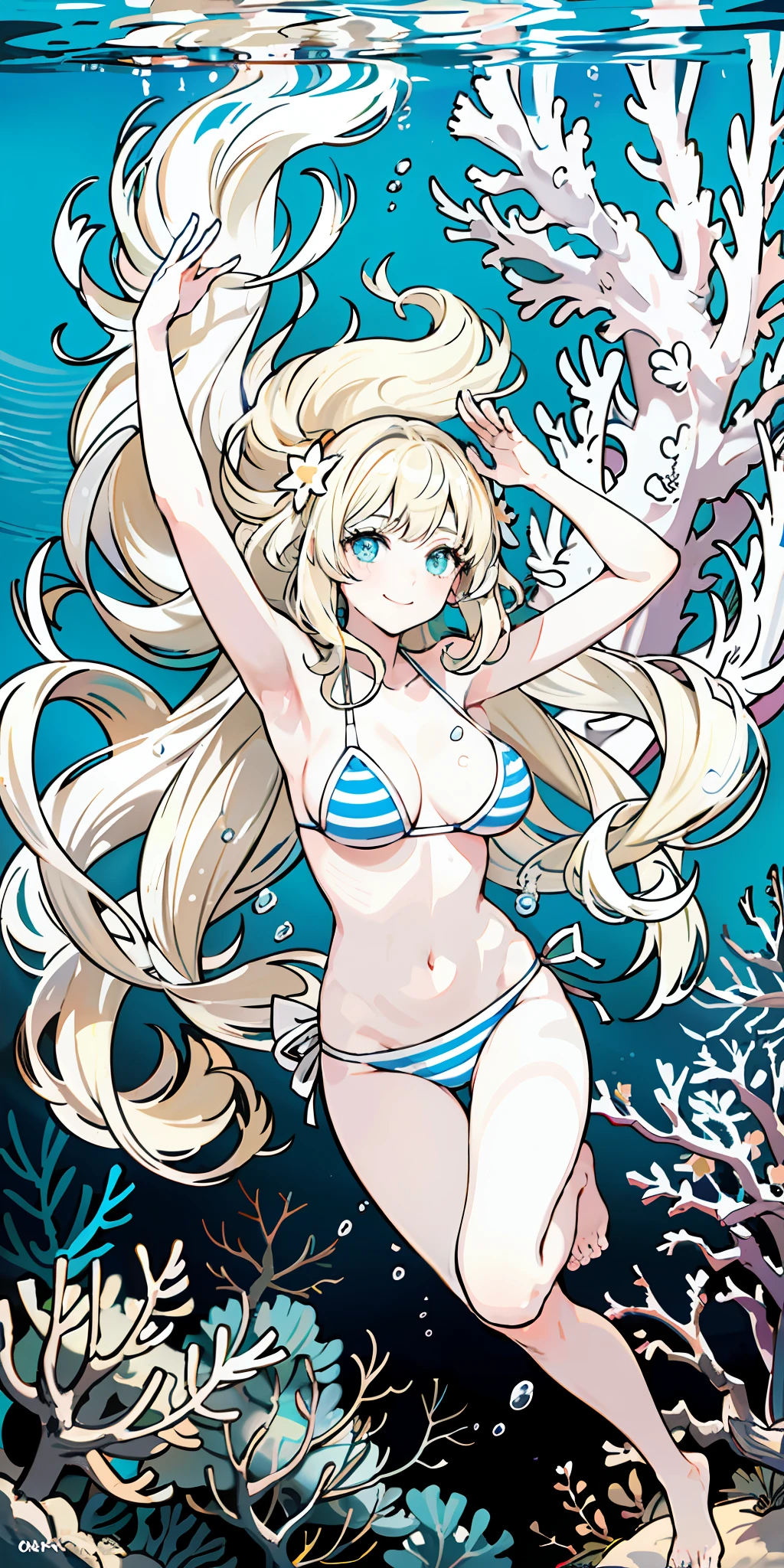 (Masterpiece: 1.4), (Best Quality: 1.4), 8K, HD, Ultra HD, 1 Girl, (Big Breasts: 1.4), Long Blonde Hair, Tights, Bikini, (Head Up), Curly Hair, Smile, Happy, Smile, Swim, Underwater, Summer, Hawaii, (Underwater Dive), Splash, Mile, Coral, Seafood, Swimming Pose