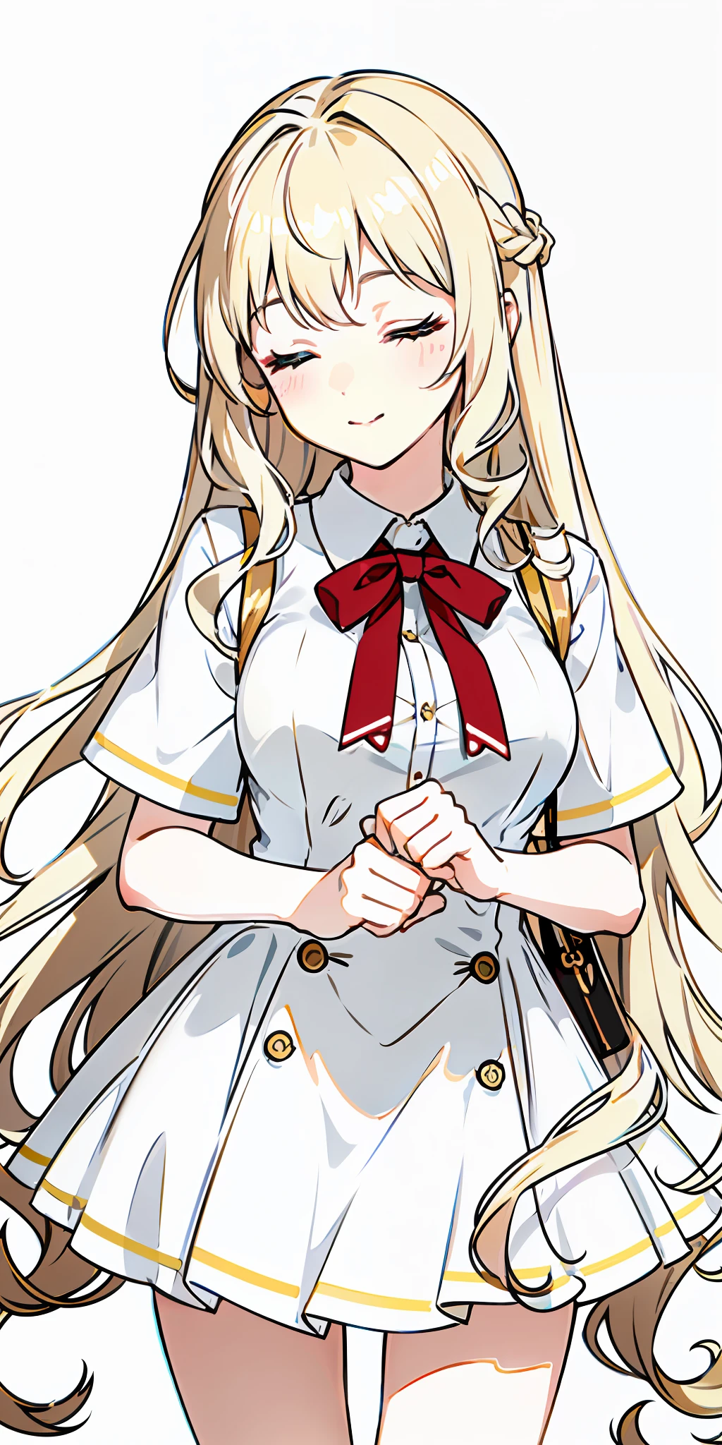 Color, (Masterpiece: 1.4), (Best Quality: 1.4), 8K, HD, Ultra HD, 1 Girl, (Big Breasts: 1.4), Long Blonde Hair, White School Uniform, Curly Hair, Blushing, ((Kiss with Eyes Closed))