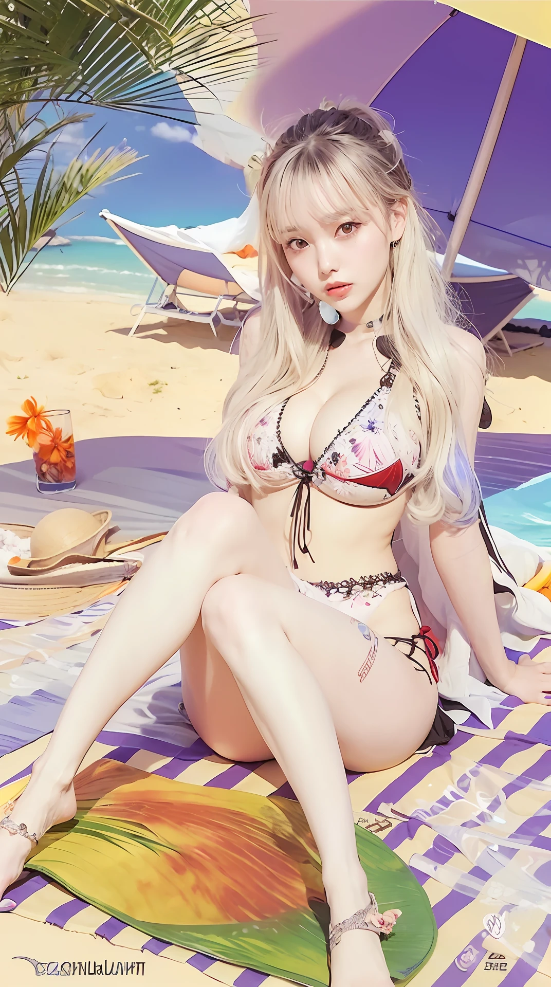 arafficial image of a woman sitting on a beach towel, guweiz, swimsuit, sakimichan, trending on cgstation, in , korean girl, trending at cgstation, seductive anime girl, wearing two - piece swimsuit, cute , 🌺 cgsociety, attire: , hot with shining sun, ig model | artgerm